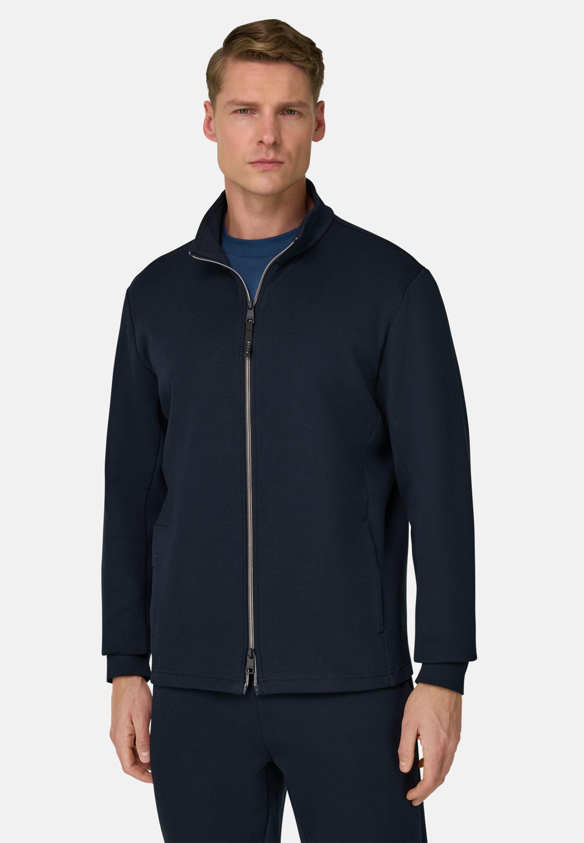 Full-Zip Hoodie In Lightweight Cotton Blend Scuba Navy blue, Navy blue, large