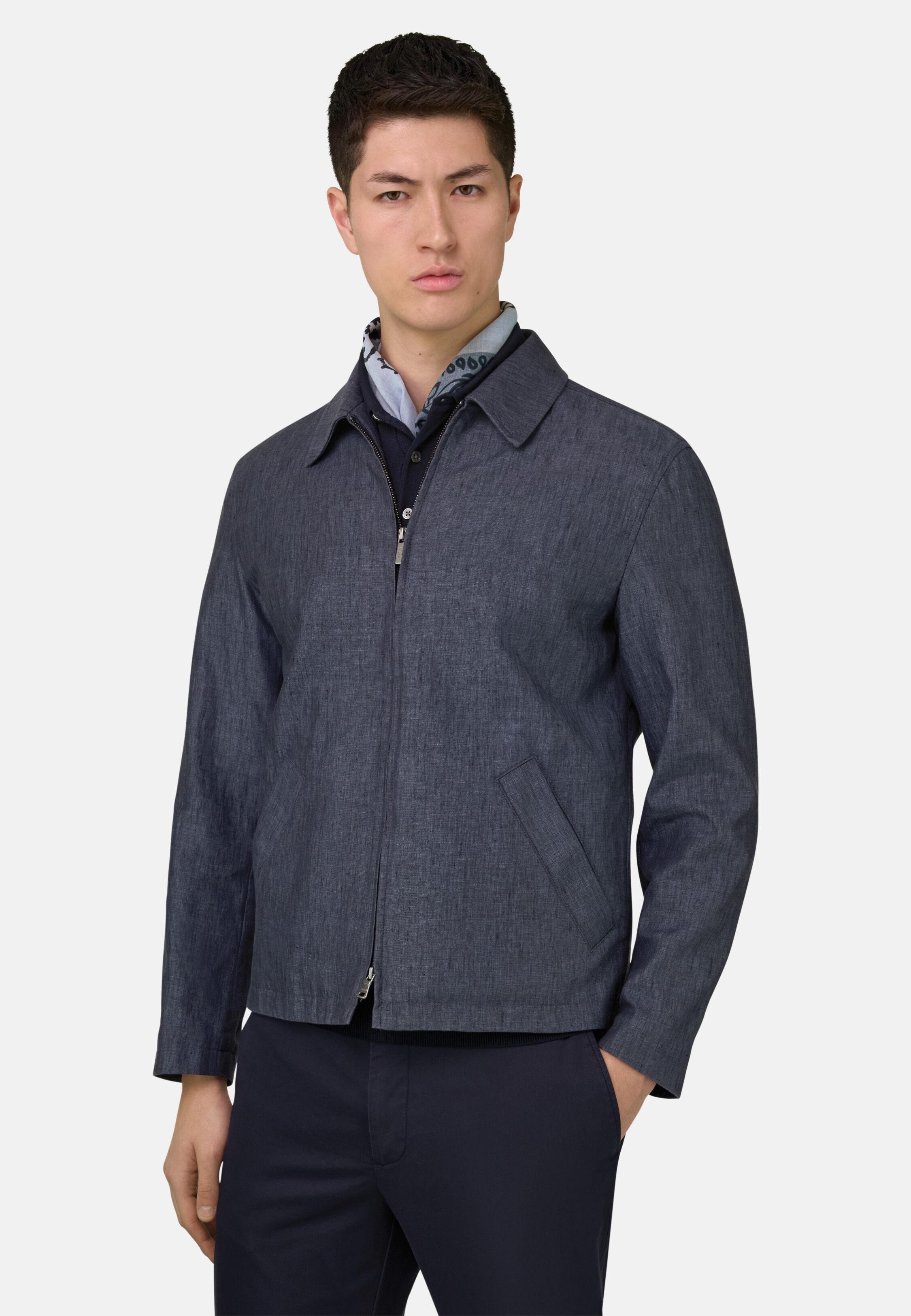 Two-Layer Technical Linen Bomber Jacket Navy, 3901_INDI, medium