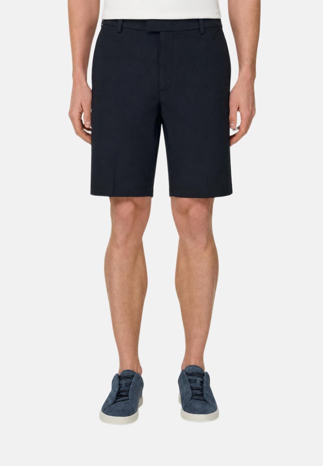 Bermuda Shorts in Stretch Nylon Seersucker B-Tech, Navy Blue, Navy blue, large image number 0
