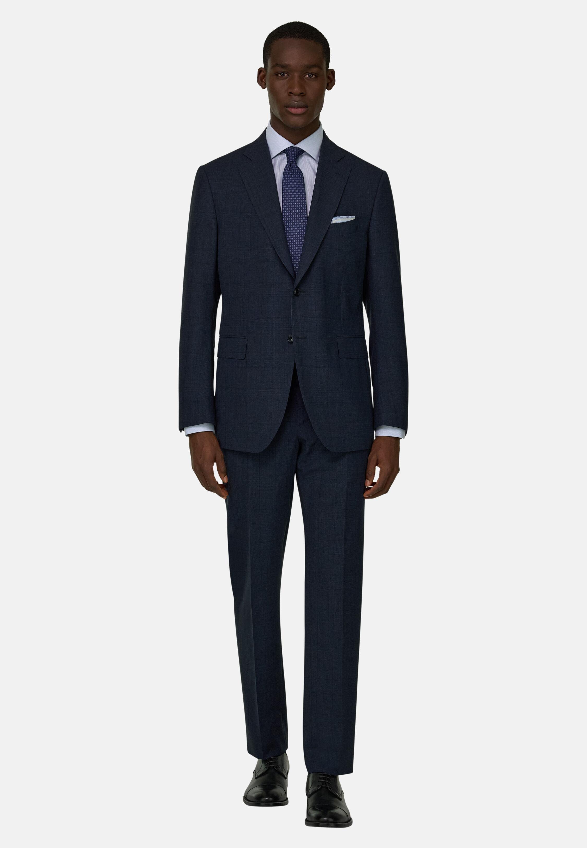 BLUE Prince of Wales Check Suit in Pure 130s Wool, Navy blue, medium