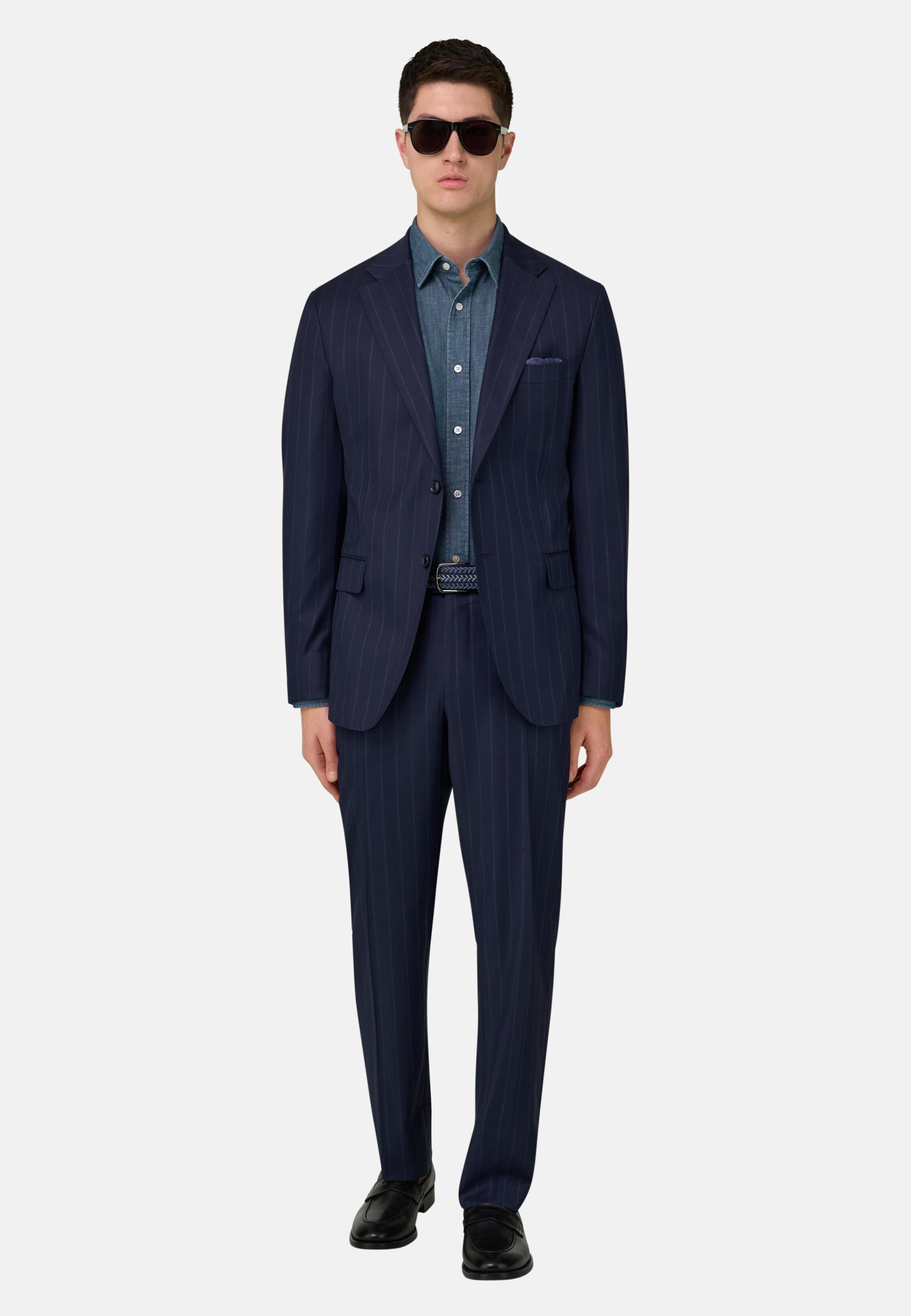 Pinstripe Suit In 130S Pure Wool Navy, Navy blue, medium