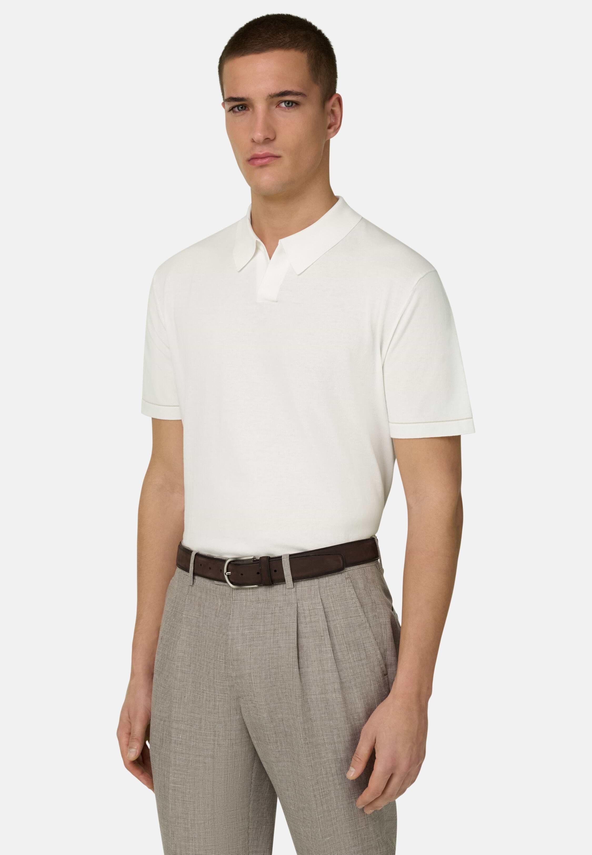 Cotton Crepe Knit Polo Shirt White, 3901_WHIT, medium