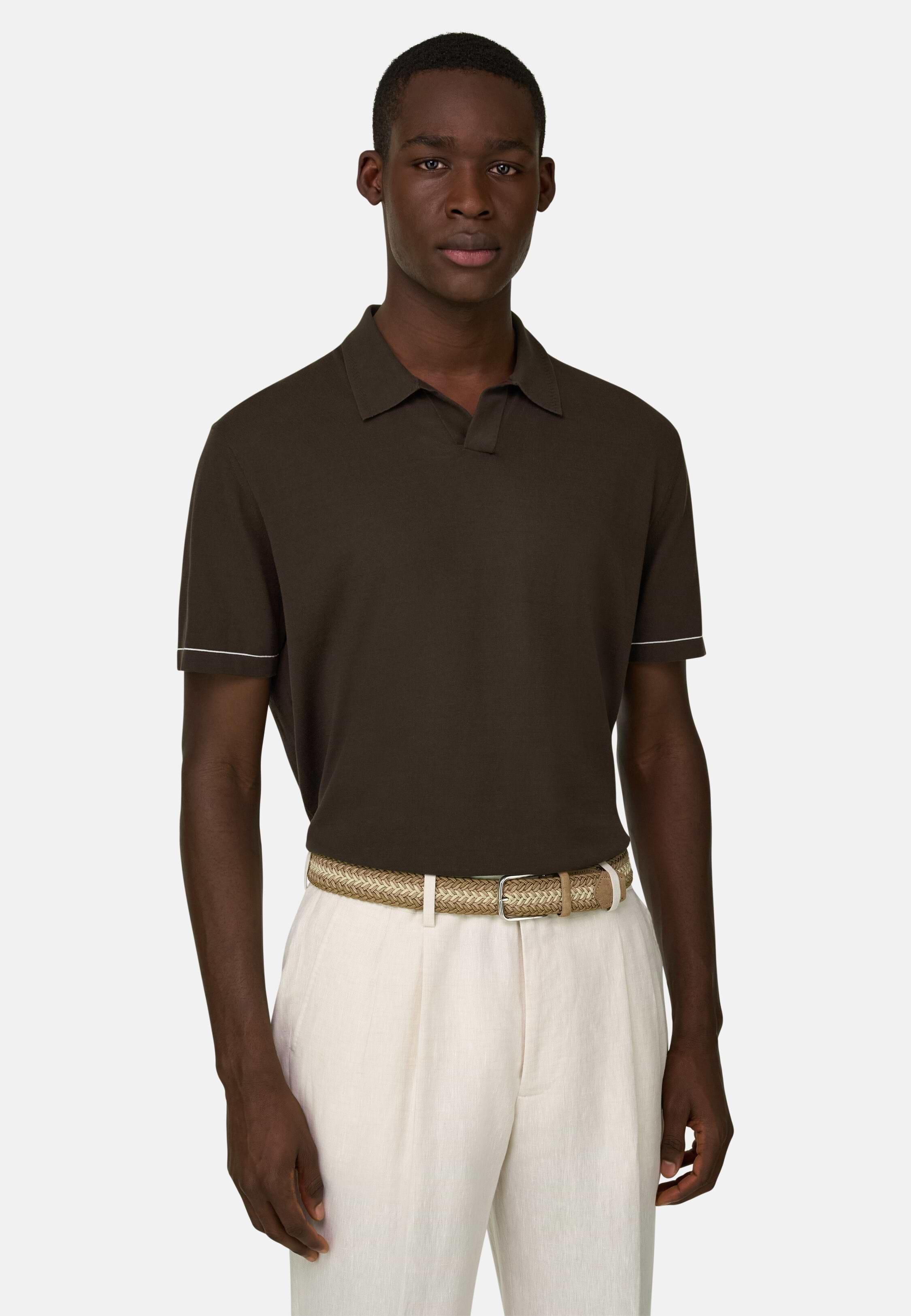 Cotton Crepe Knit Polo Shirt Brown, 3901_DKBR, large image number 0