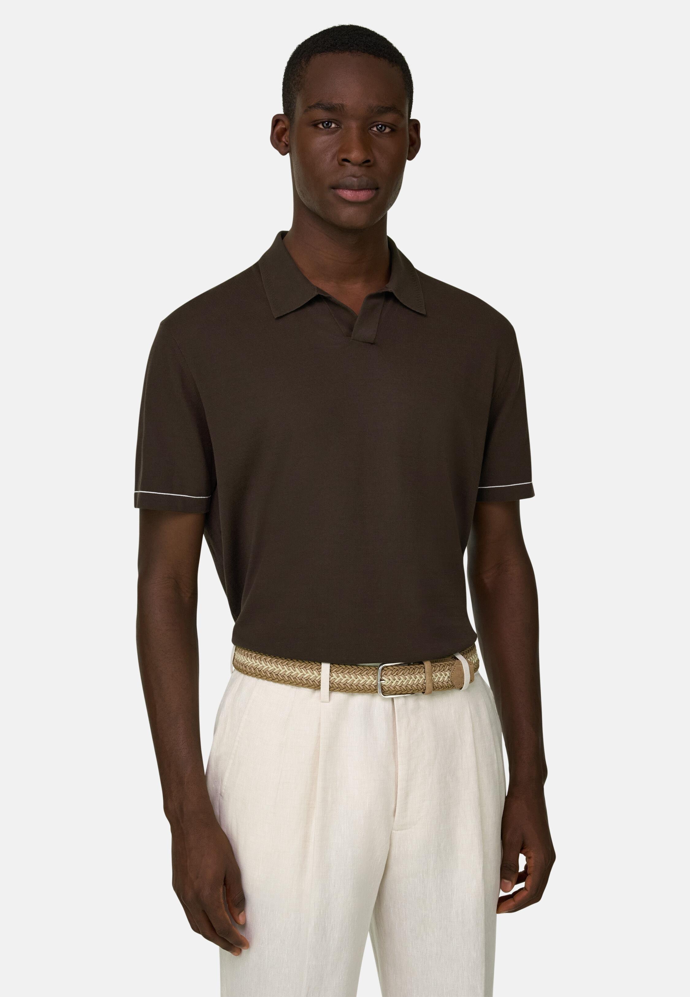 Cotton Cr&ecirc;pe Knit Polo Shirt Dark brown, Dark brown, large image number 1