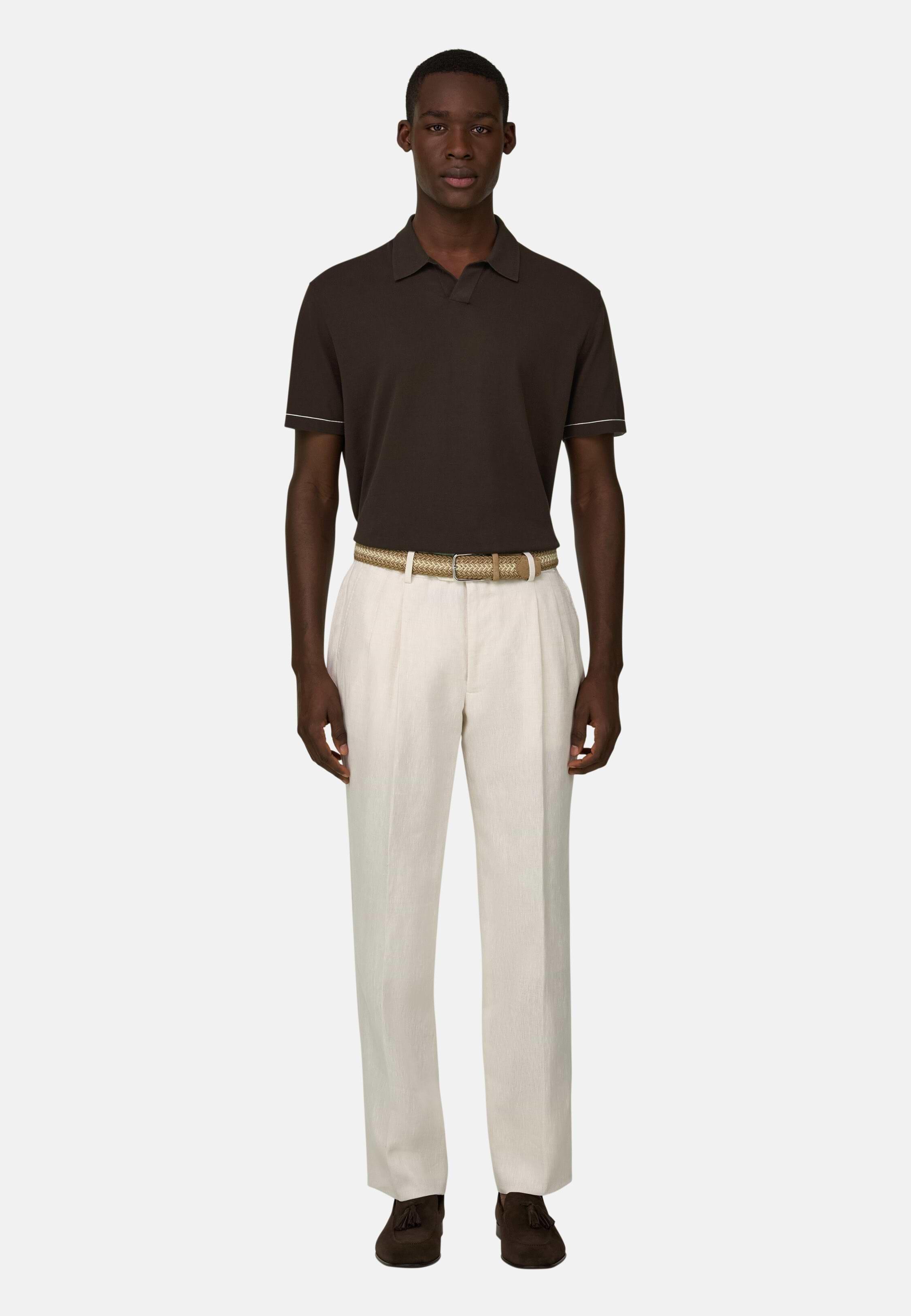 Cotton Crepe Knit Polo Shirt Brown, 3901_DKBR, medium