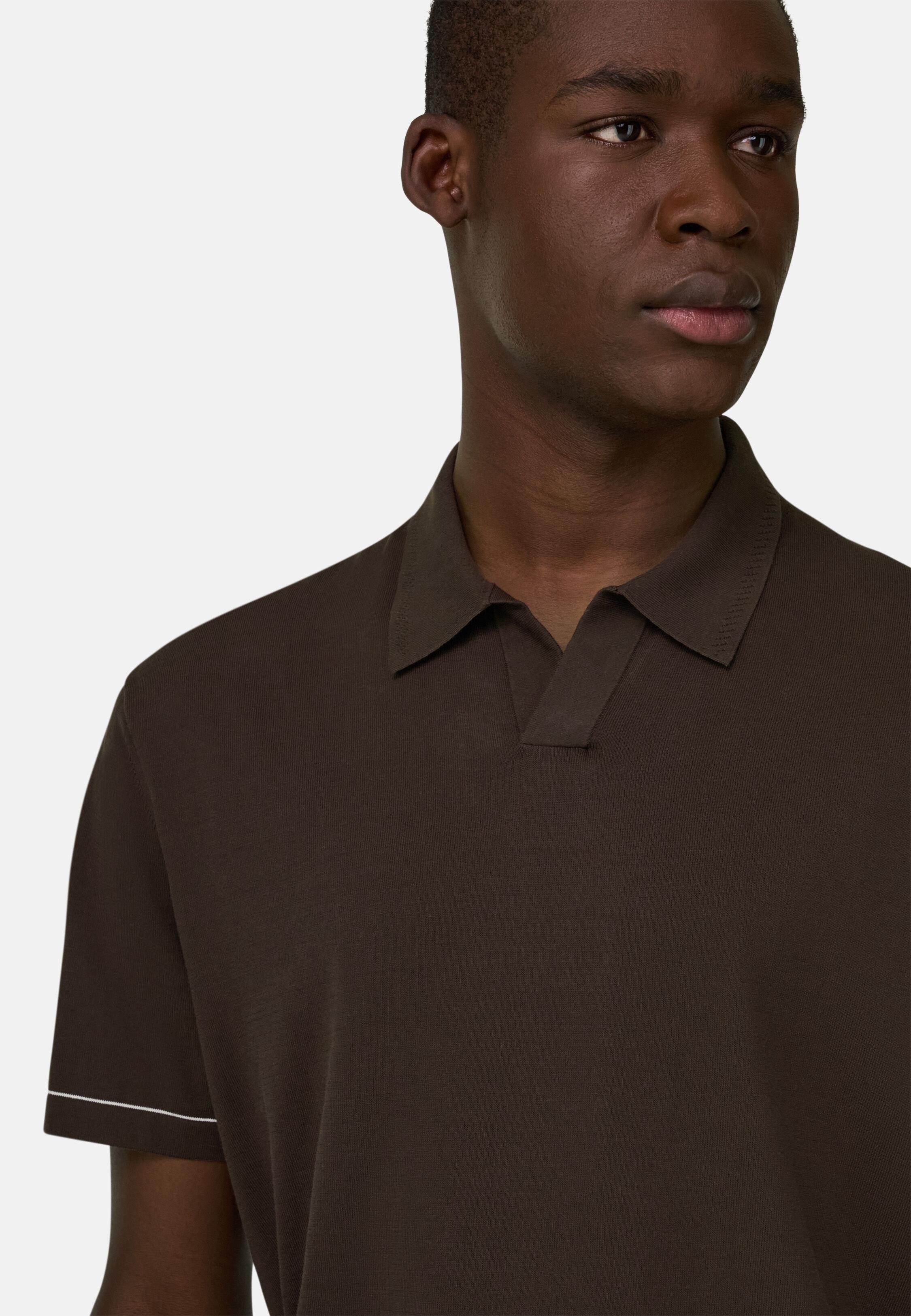 Cotton Cr&ecirc;pe Knit Polo Shirt Dark brown, 3901_DKBR, large image number 4