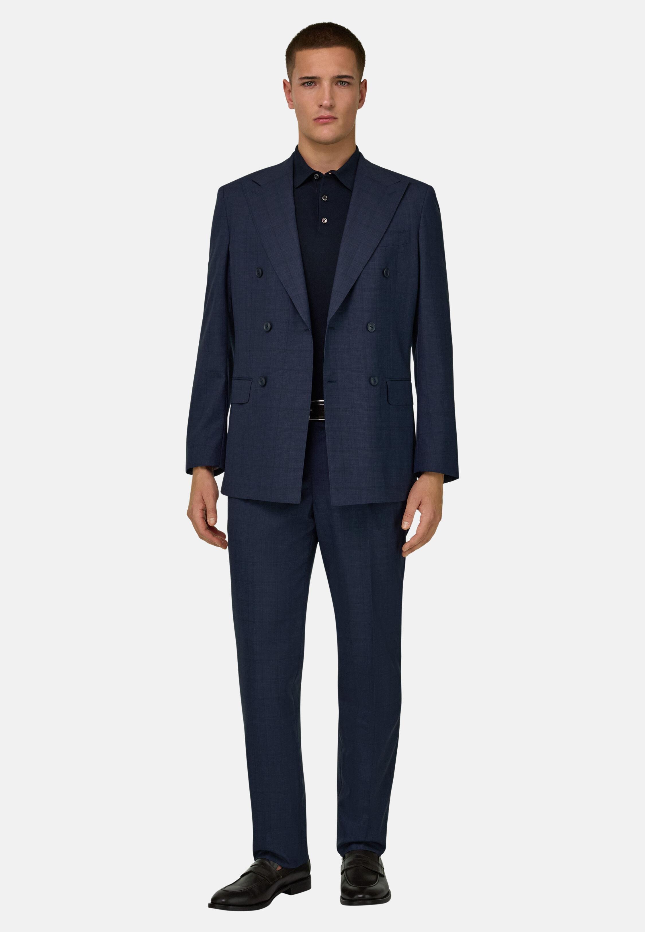 Prince Of Wales Check Double-Breasted Suit In Pure Wool Navy, 3901_NAVY, medium