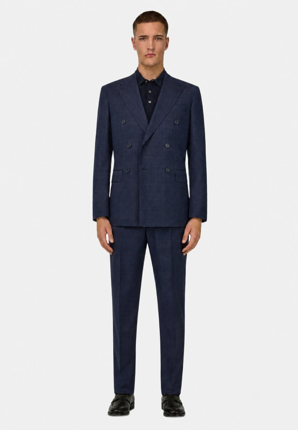 Prince of Wales Check Double-Breasted Suit in Pure Wool Navy blue, Navy blue, medium