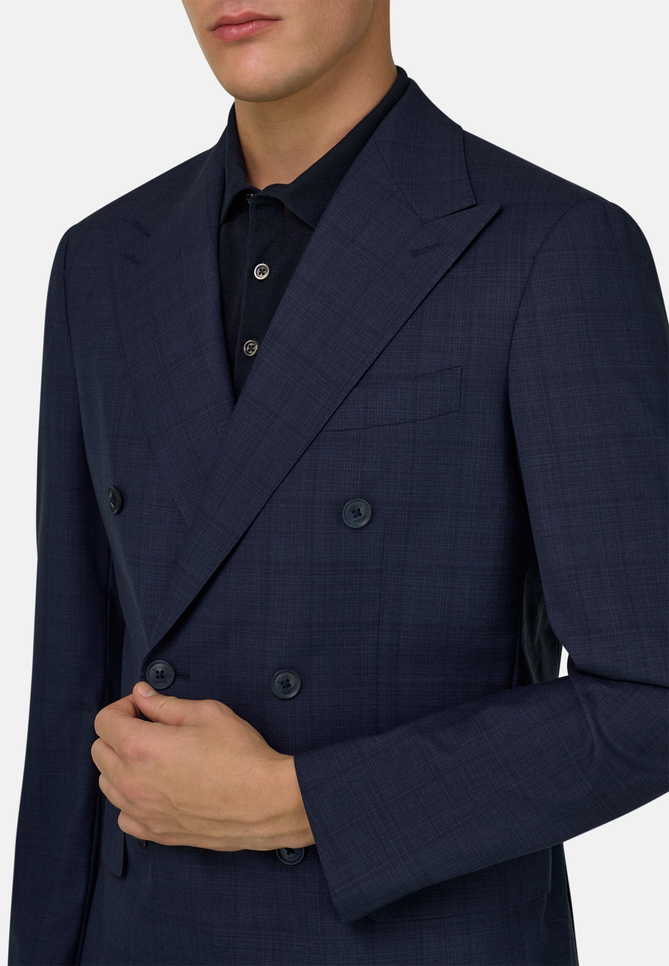 Prince Of Wales Check Double-Breasted Suit In Pure Wool Navy, 3901_NAVY, medium