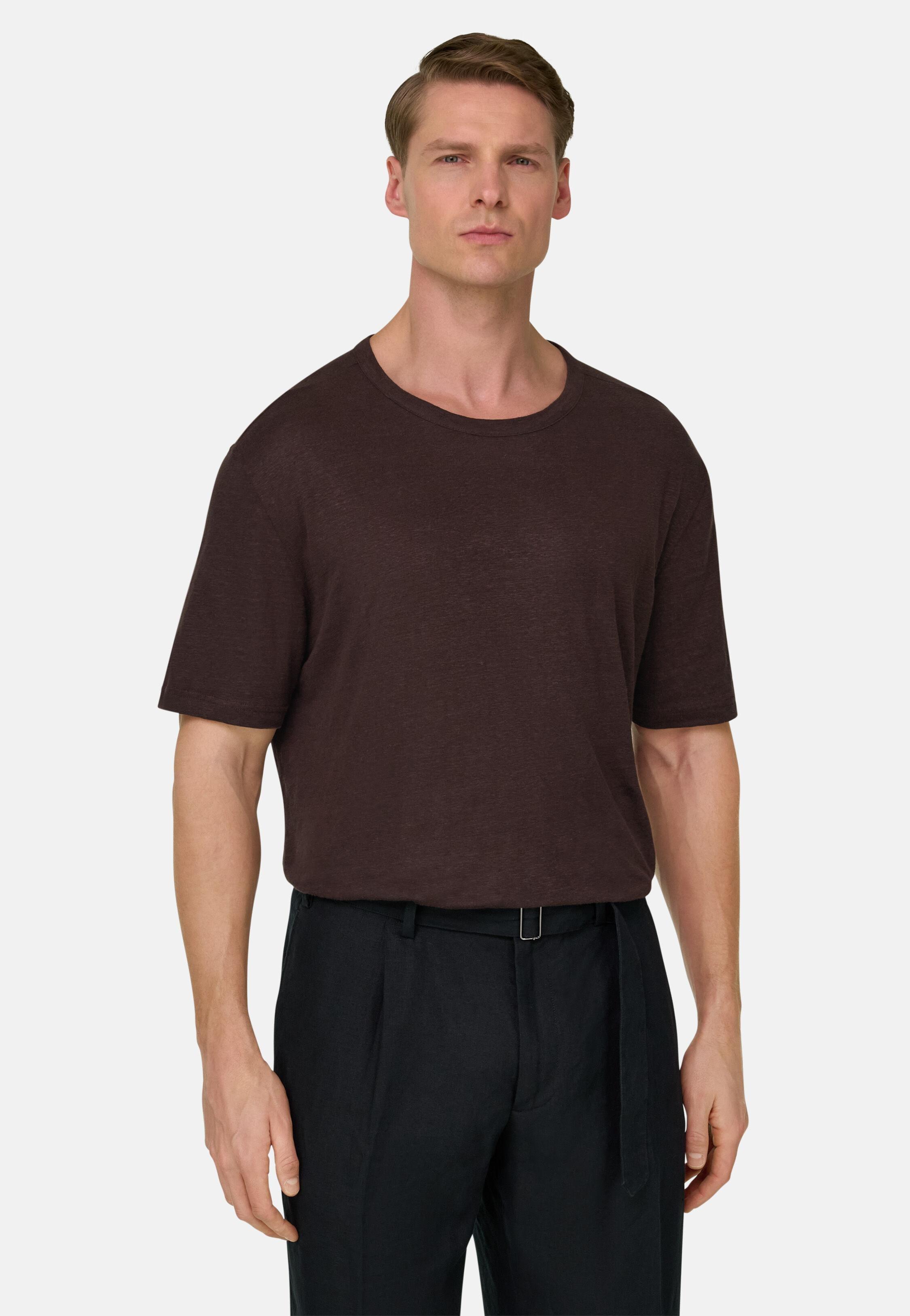 T-Shirt in Stretch Linen Jersey, Dark brown, large image number 0
