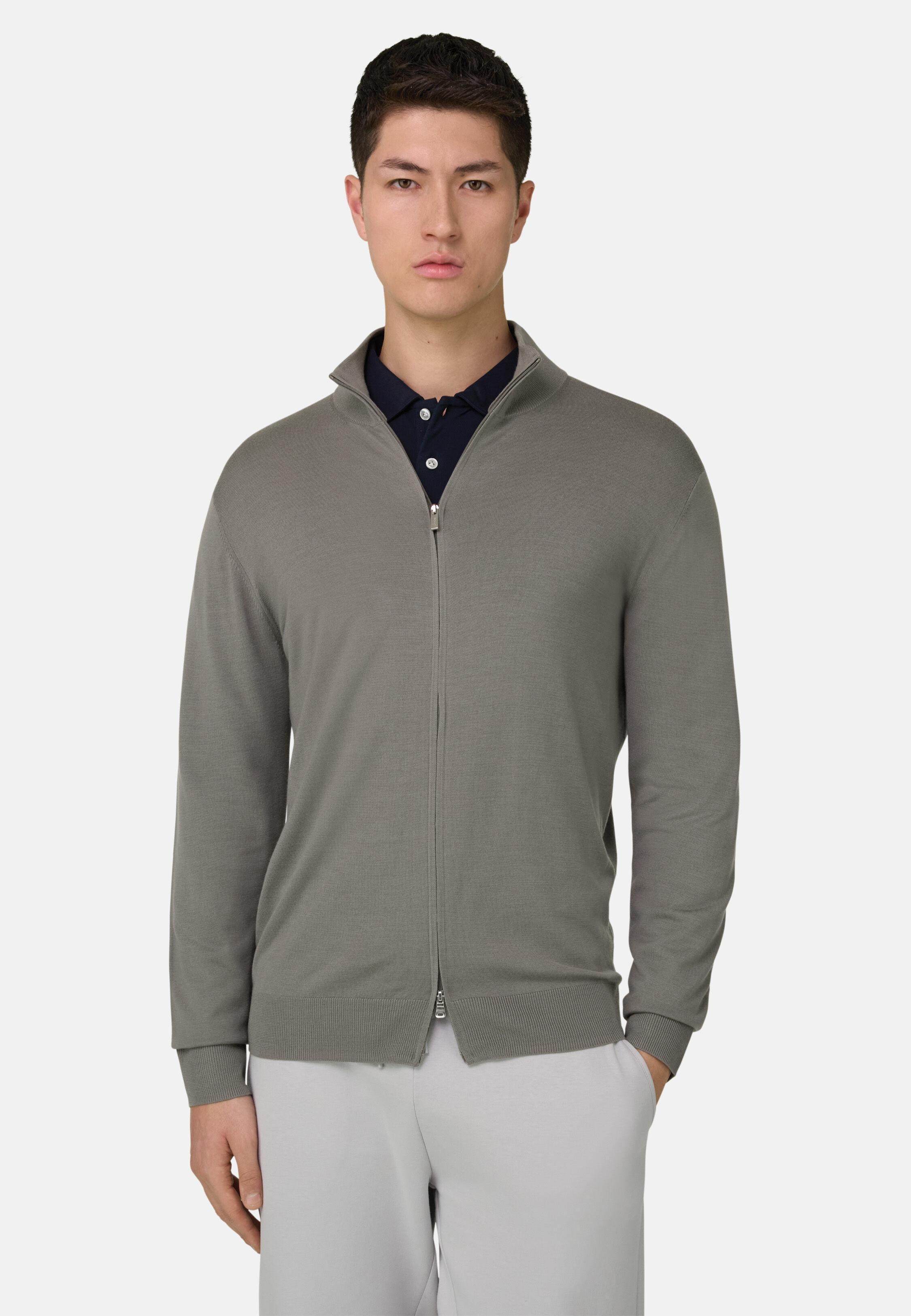 Full-Zip Jumper in Superfine Wool Mud, Mud, large image number 0