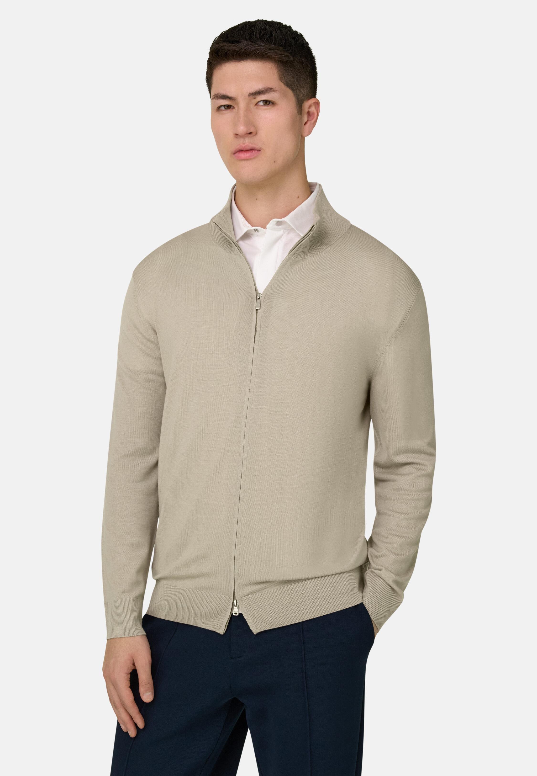 Full-Zip Jumper in Superfine Wool Sand, Sand, large