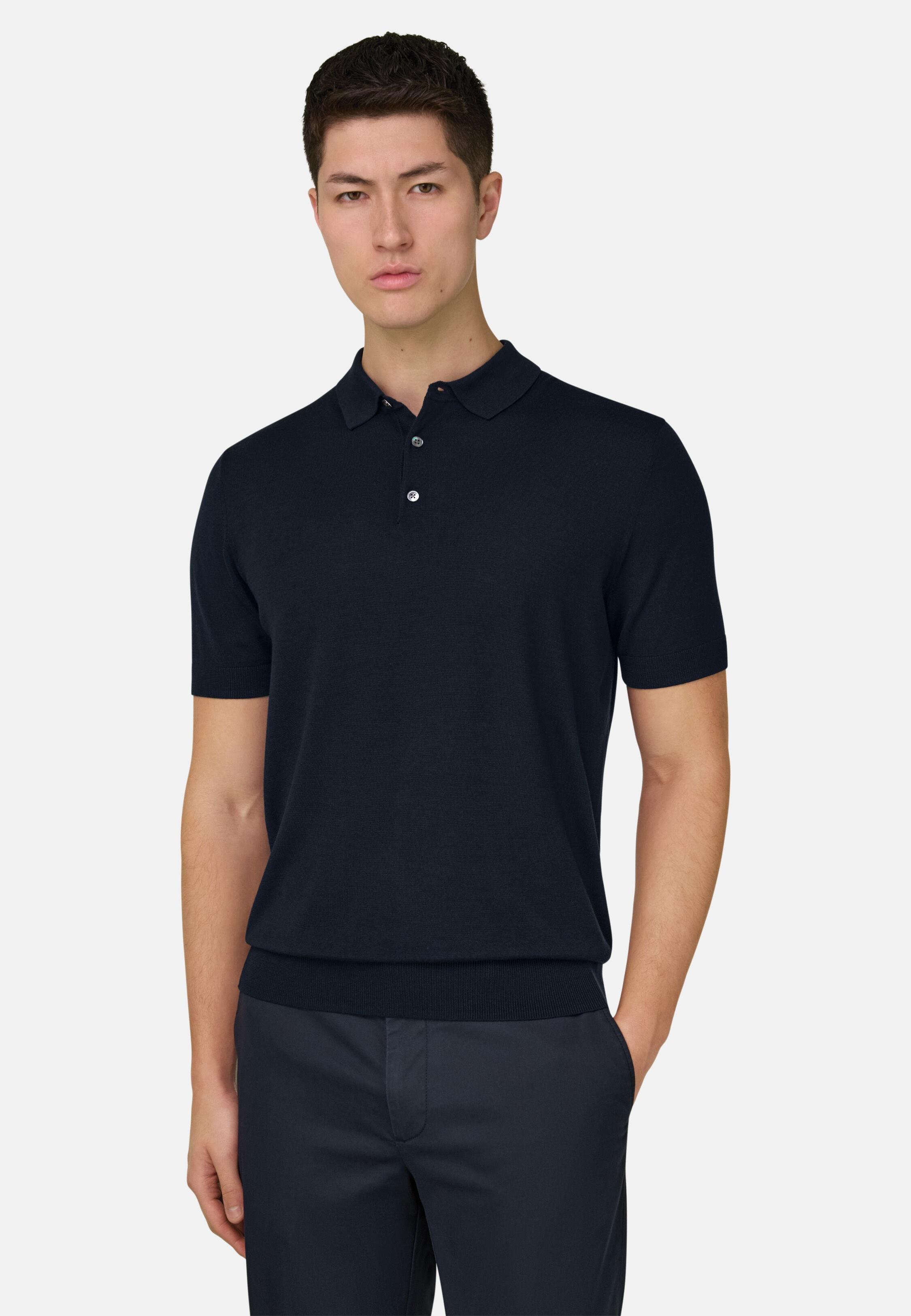 Knitted Polo Shirt in Superfine Wool, Navy Blue, Navy blue, large