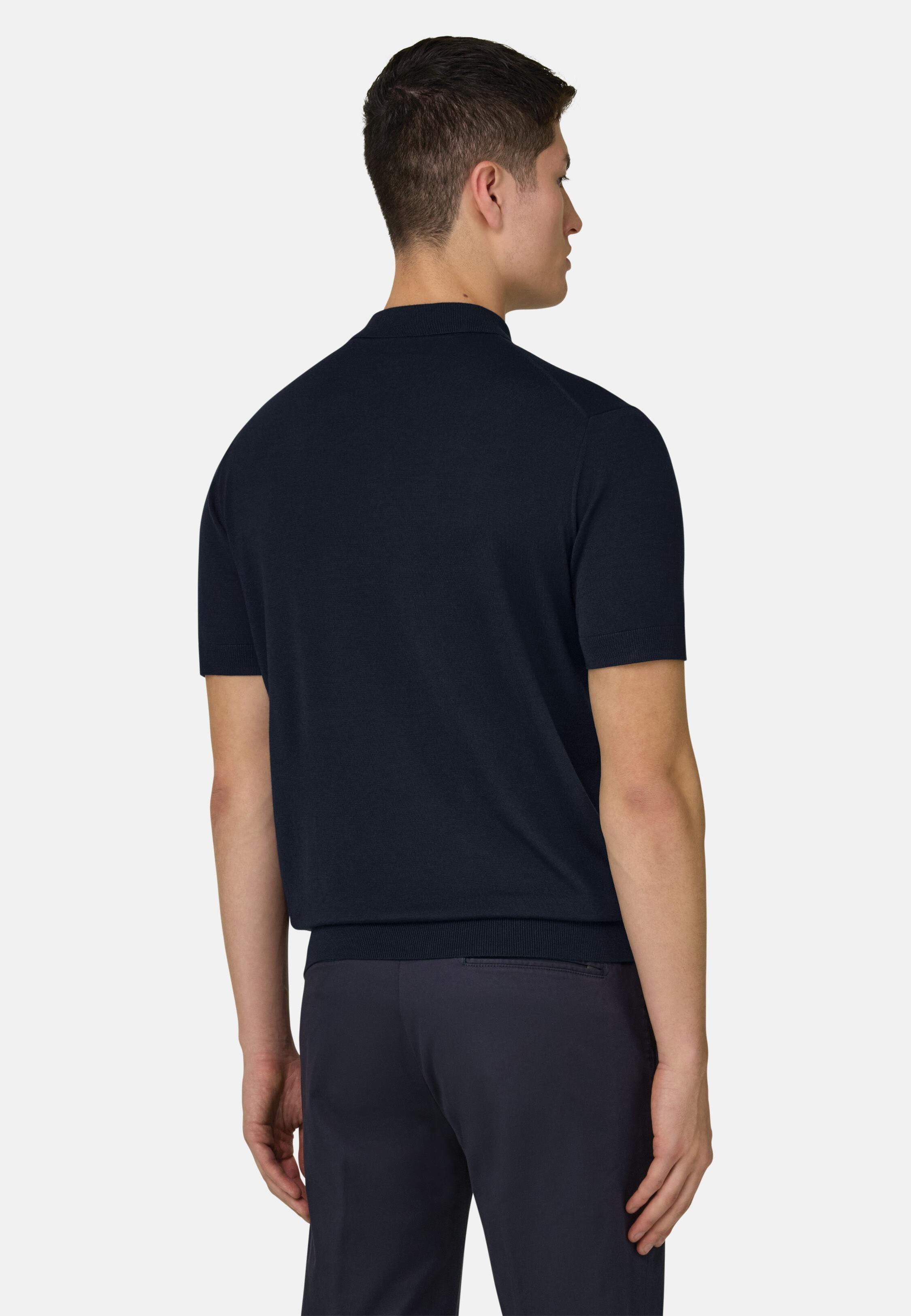 Knitted Polo Shirt in Superfine Wool, Navy Blue, Navy blue, large image number 1