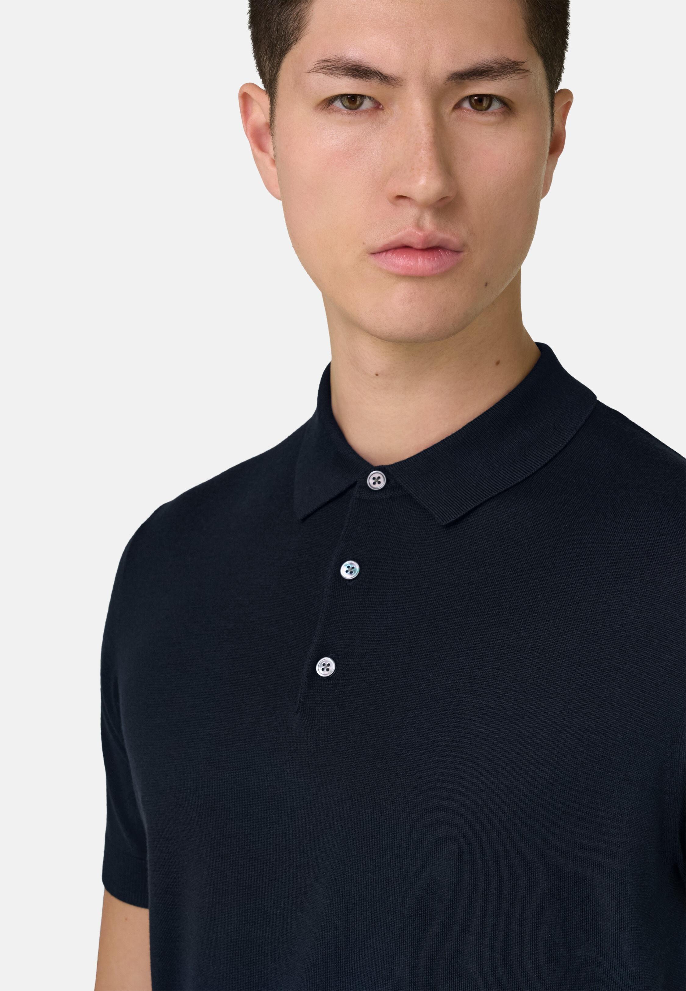 Knitted Polo Shirt in Superfine Wool, Navy Blue, Navy blue, large image number 2
