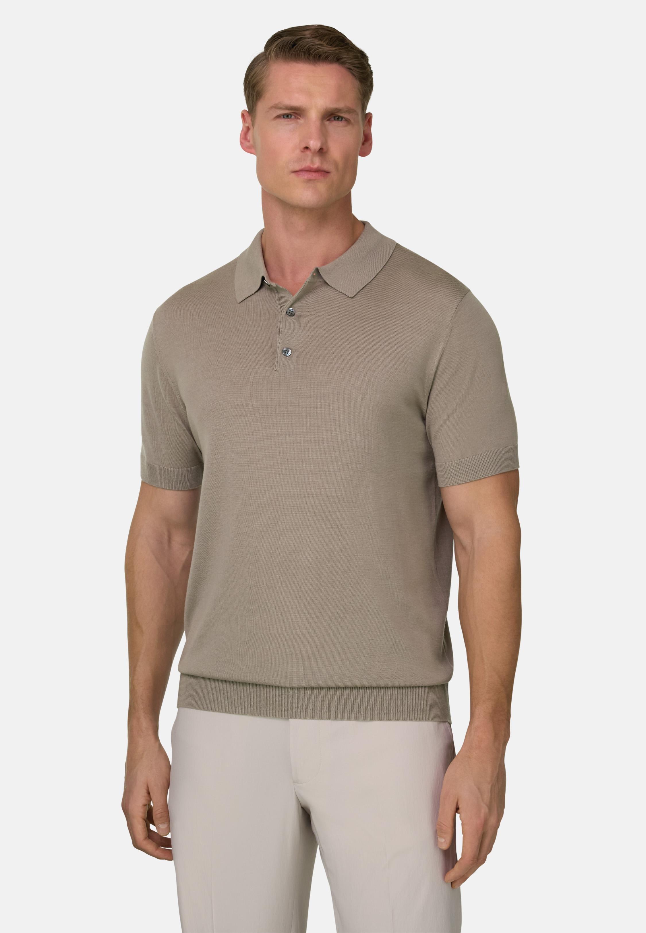 Knitted Polo Shirt In Superfine Wool Brown, 3901_TAUP, large image number 0