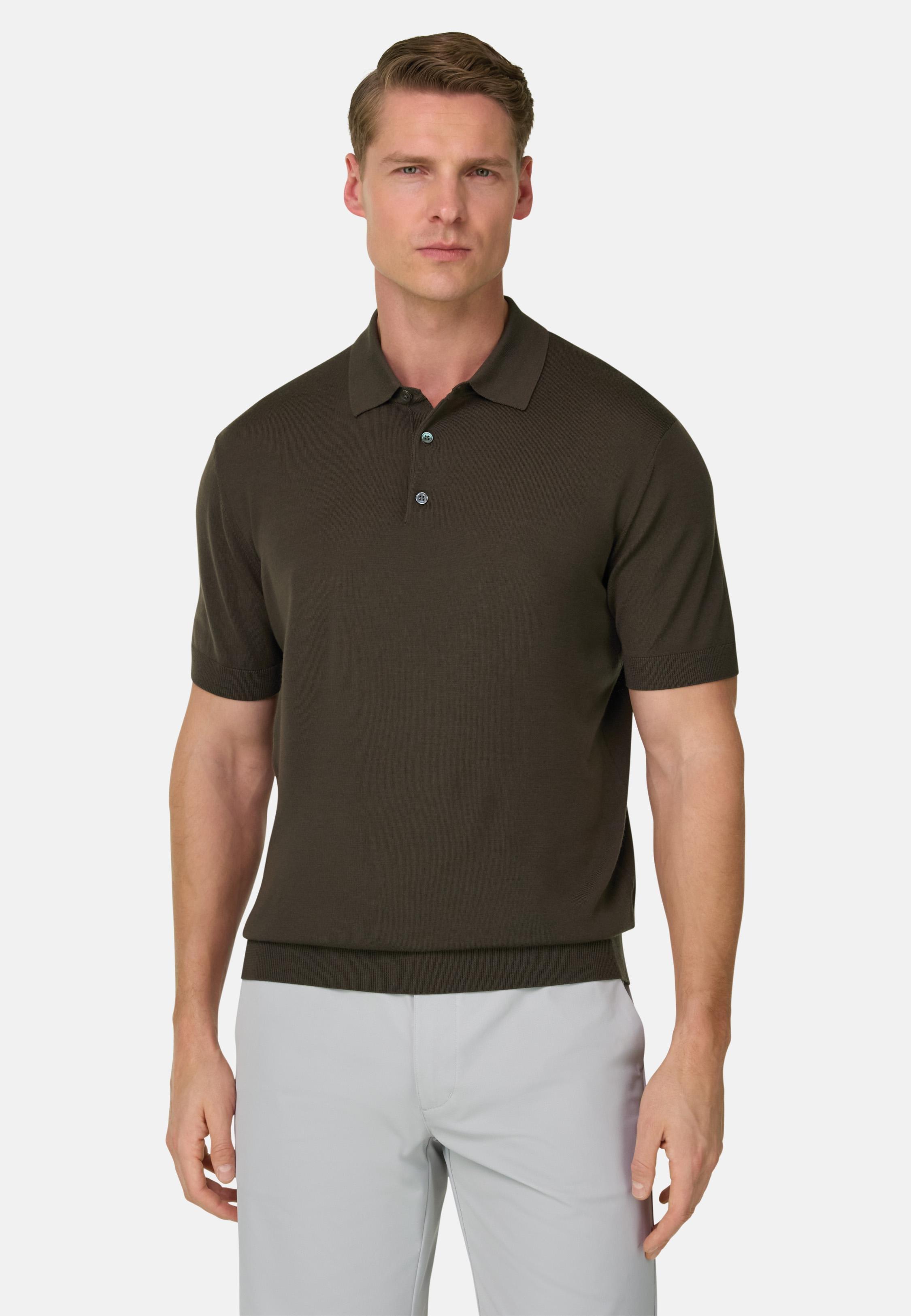 Knitted Polo Shirt In Superfine Wool Brown, 3901_DKBR, large image number 0
