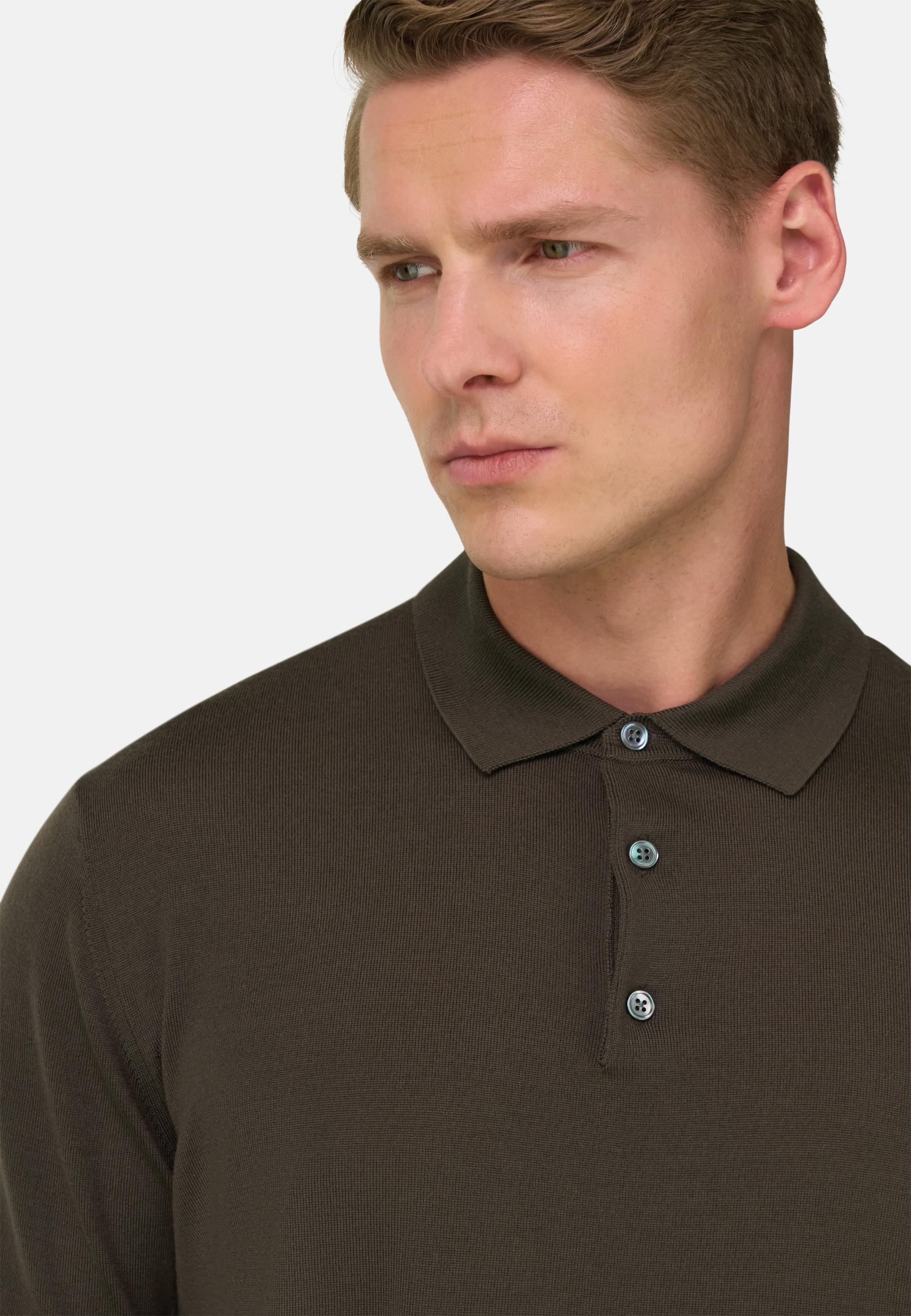 Knitted Polo Shirt In Superfine Wool Brown, 3901_DKBR, large image number 2