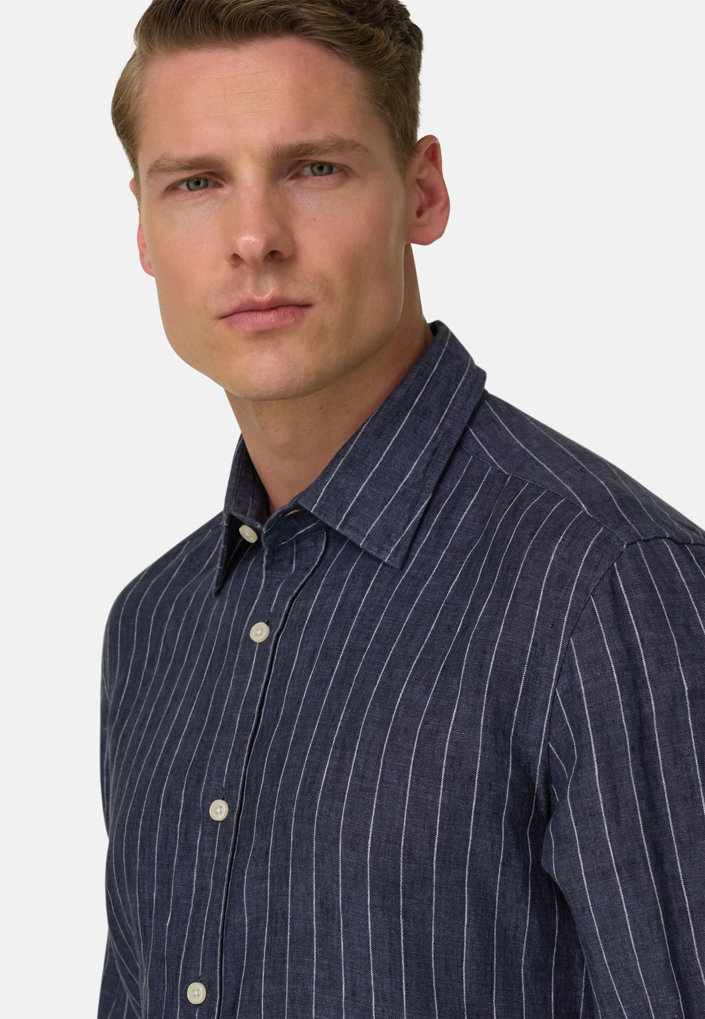 Pinstripe Shirt With A Closed Collar Blue, 3901_NAVY, medium