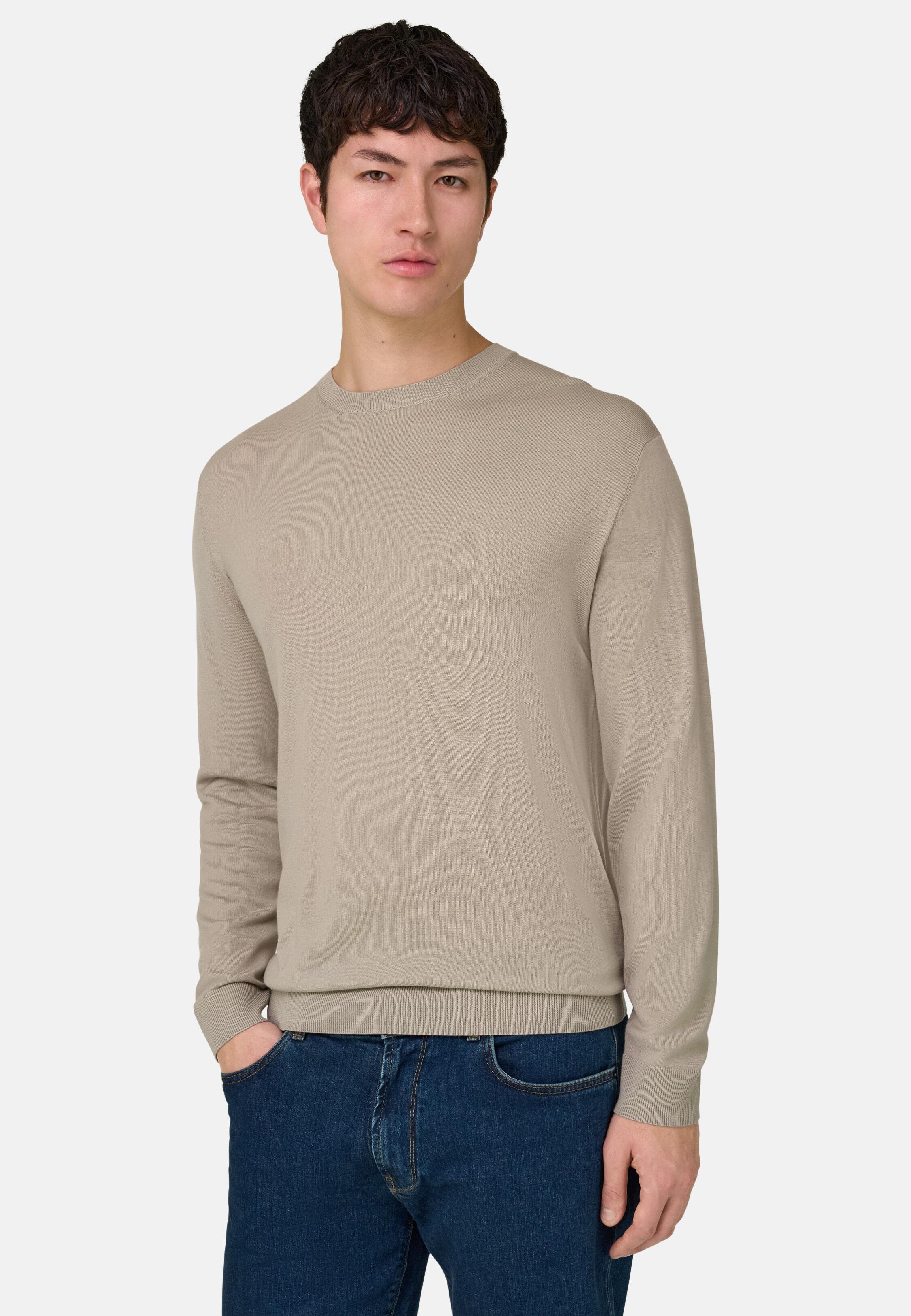 Crew Neck Jumper in Superfine Wool Sand, Sand, large image number 0