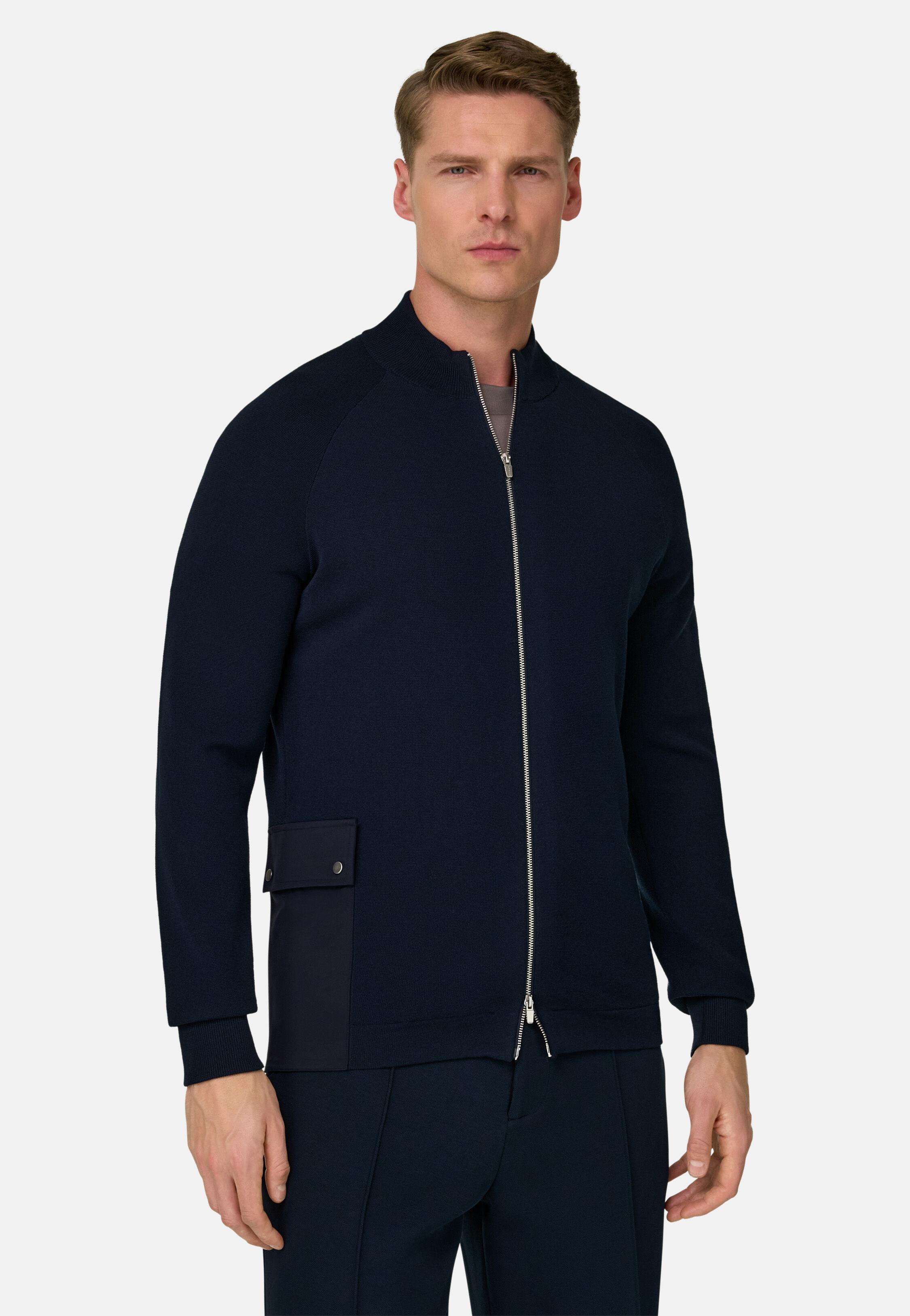 Full-Zip Jumper in Cotton and Polyester, Navy Blue, Navy blue, large