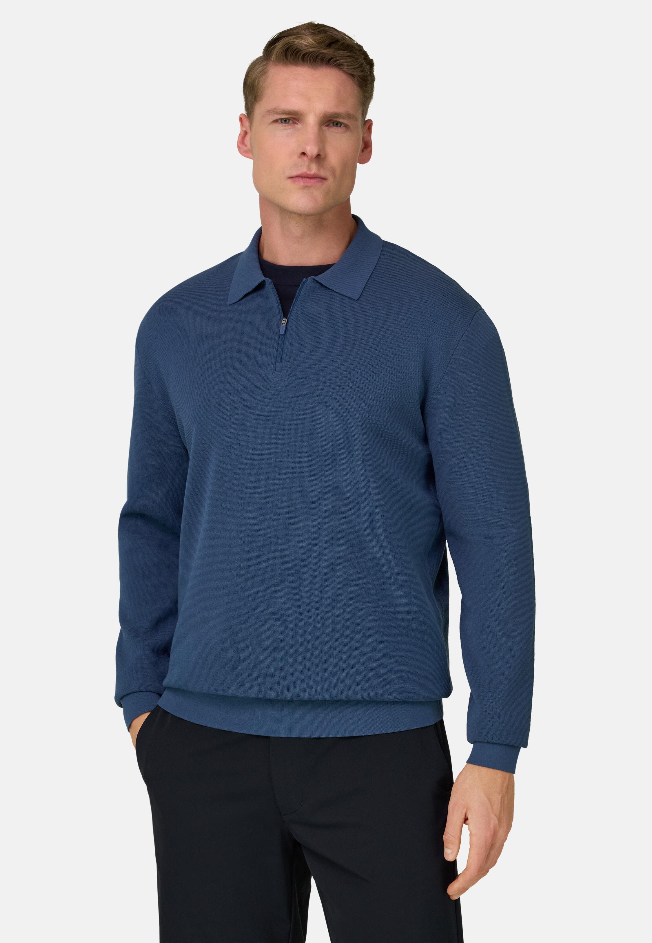 Knitted Polo Shirt in Cotton and Polyester, Air-Blue, Air-blue, large image number 0