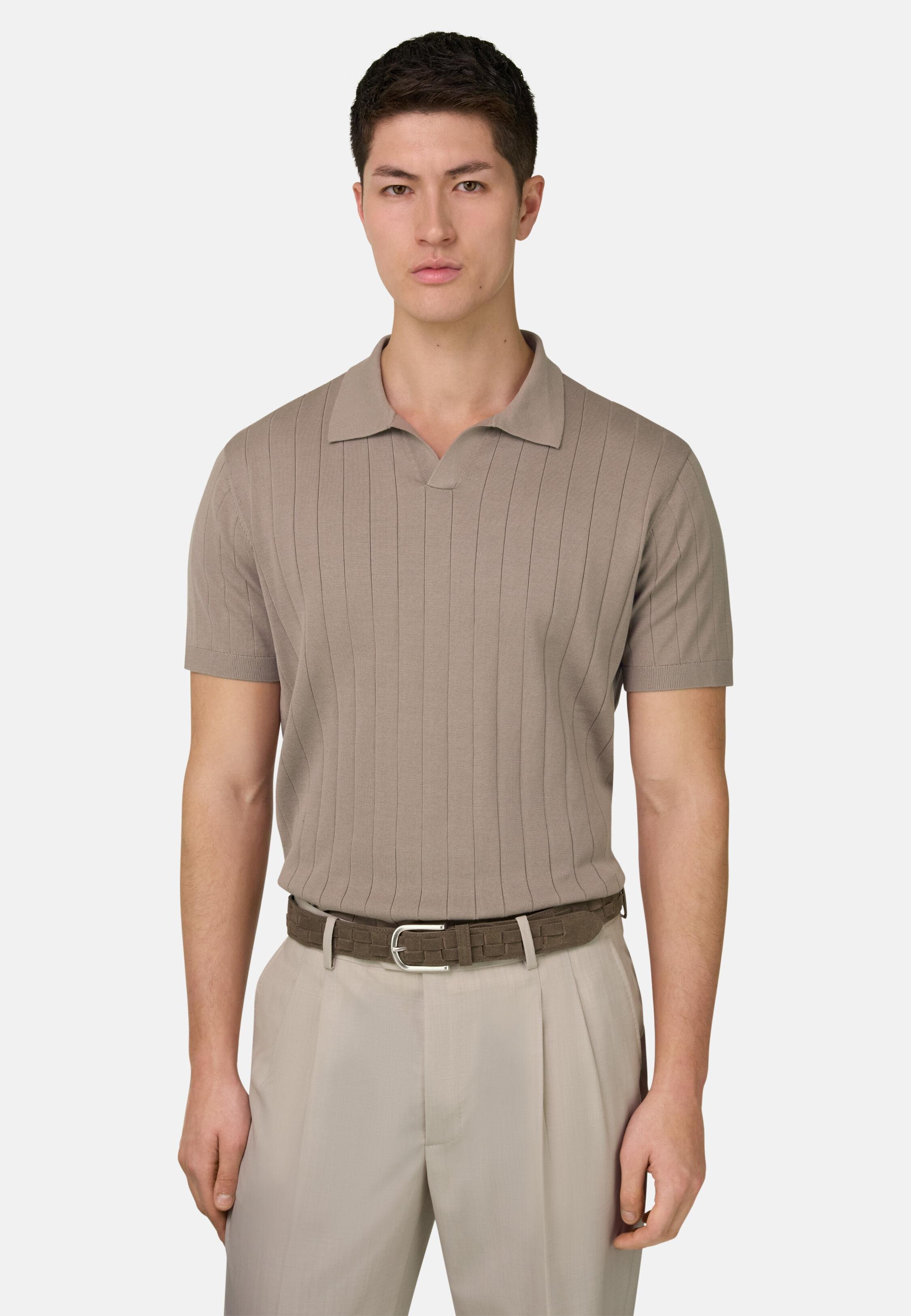 Cotton and Silk Knitted Polo Shirt Taupe, Taupe, large