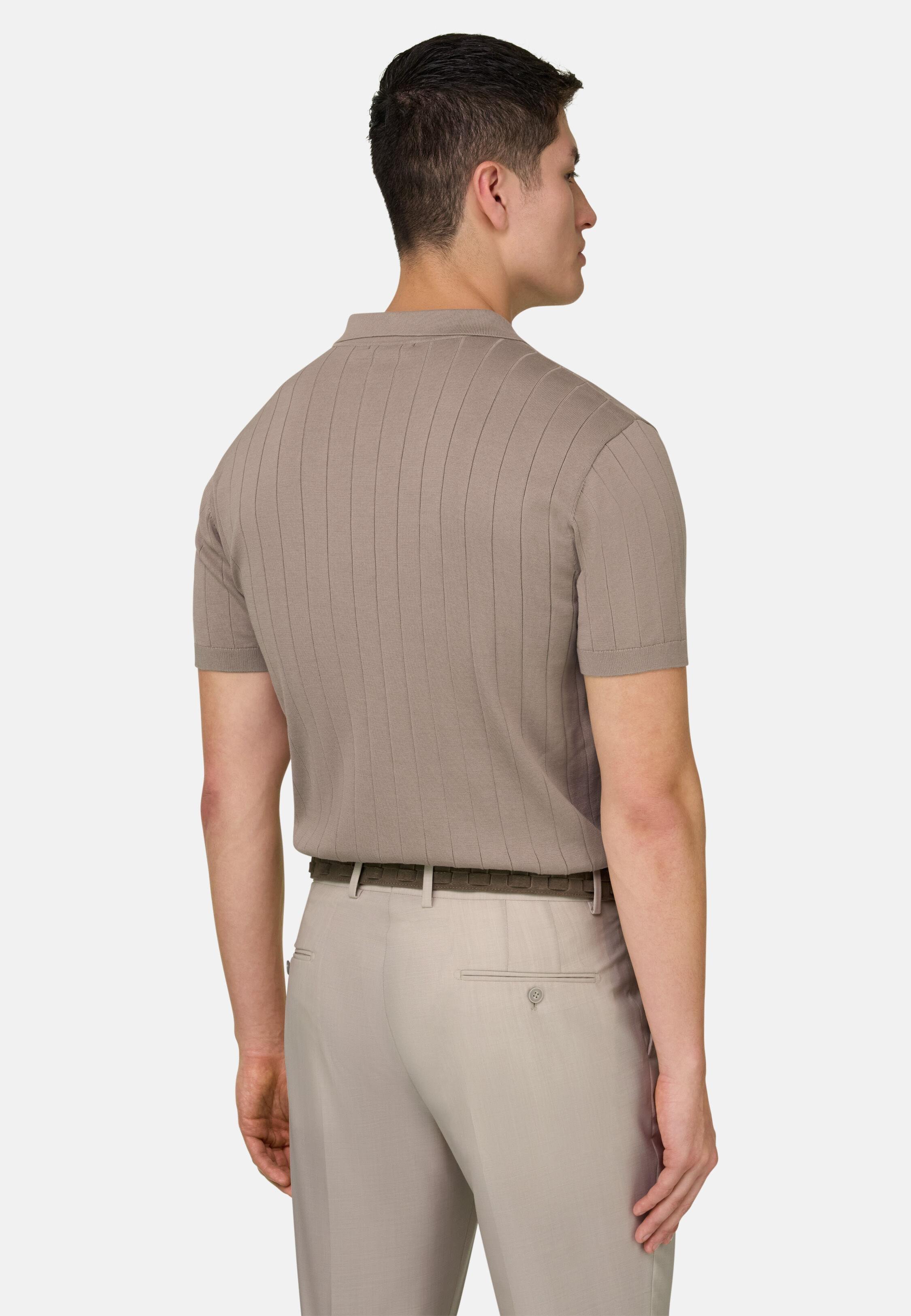 Cotton and Silk Knitted Polo Shirt Taupe, Taupe, large image number 1