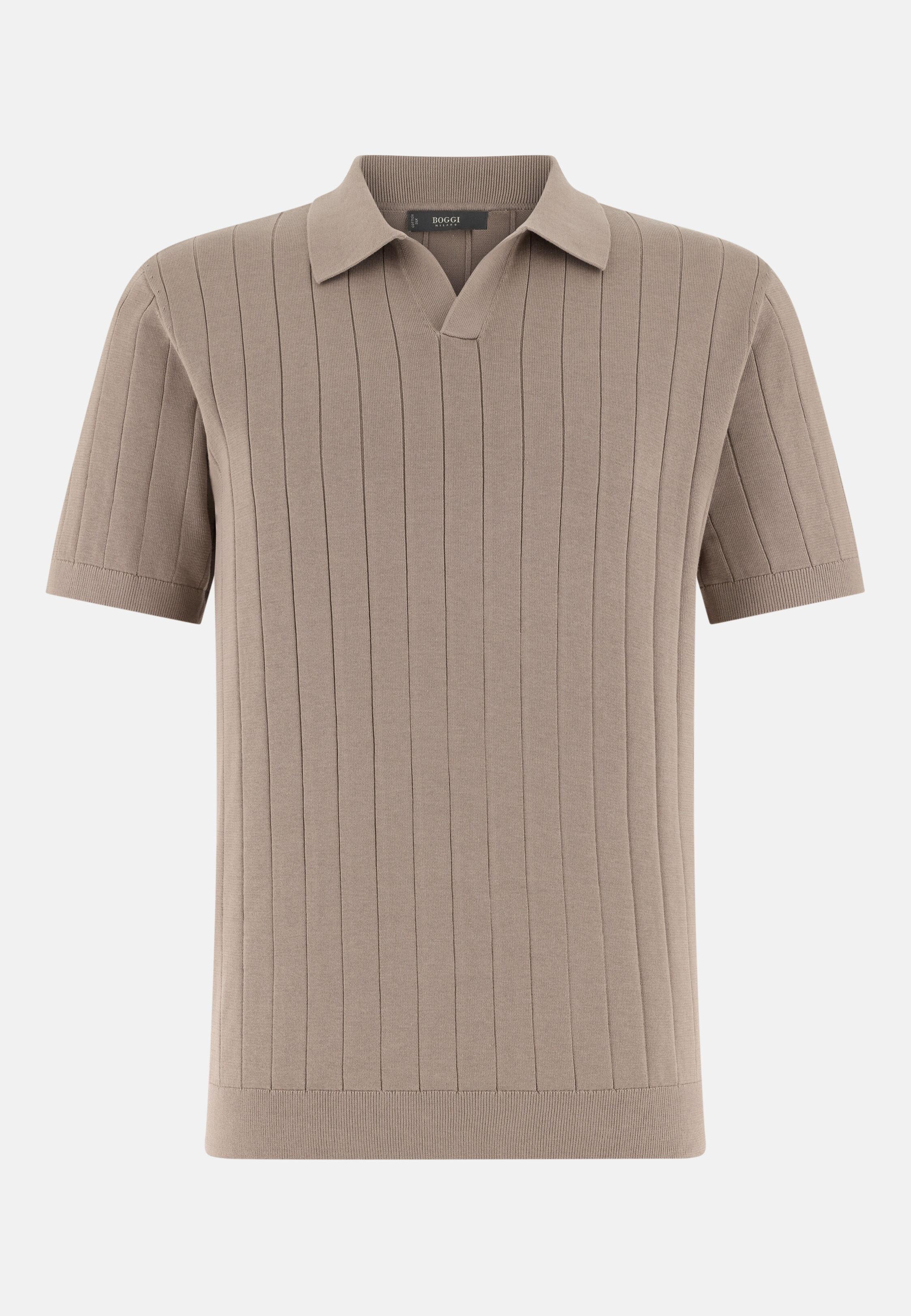 Cotton and Silk Knitted Polo Shirt Taupe, Taupe, large image number 3