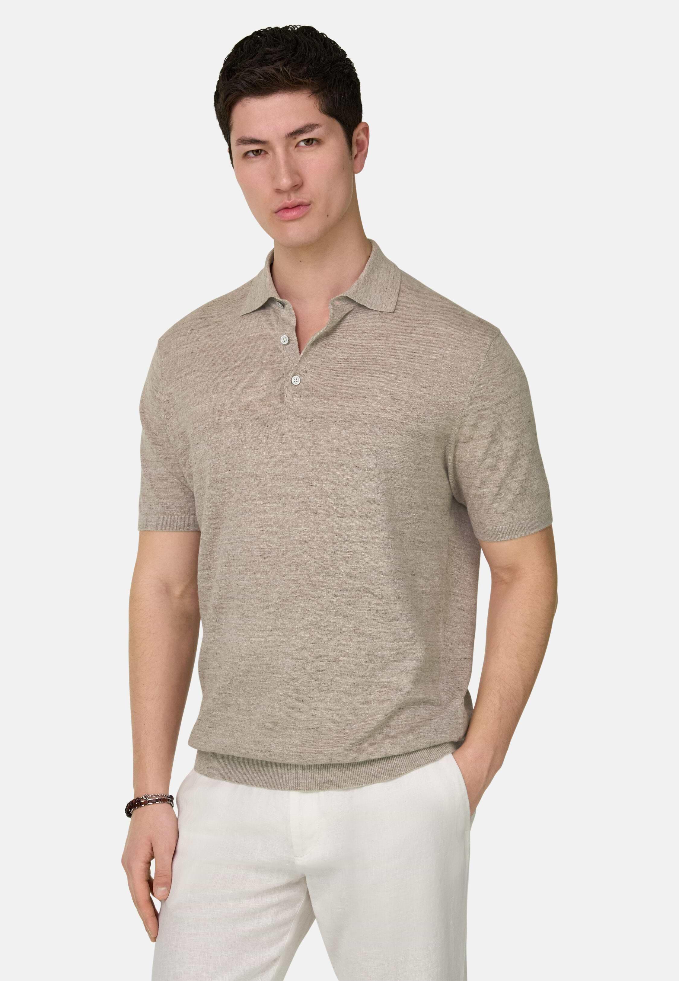 Linen and Cotton Knitted Polo Shirt Taupe, Taupe, medium