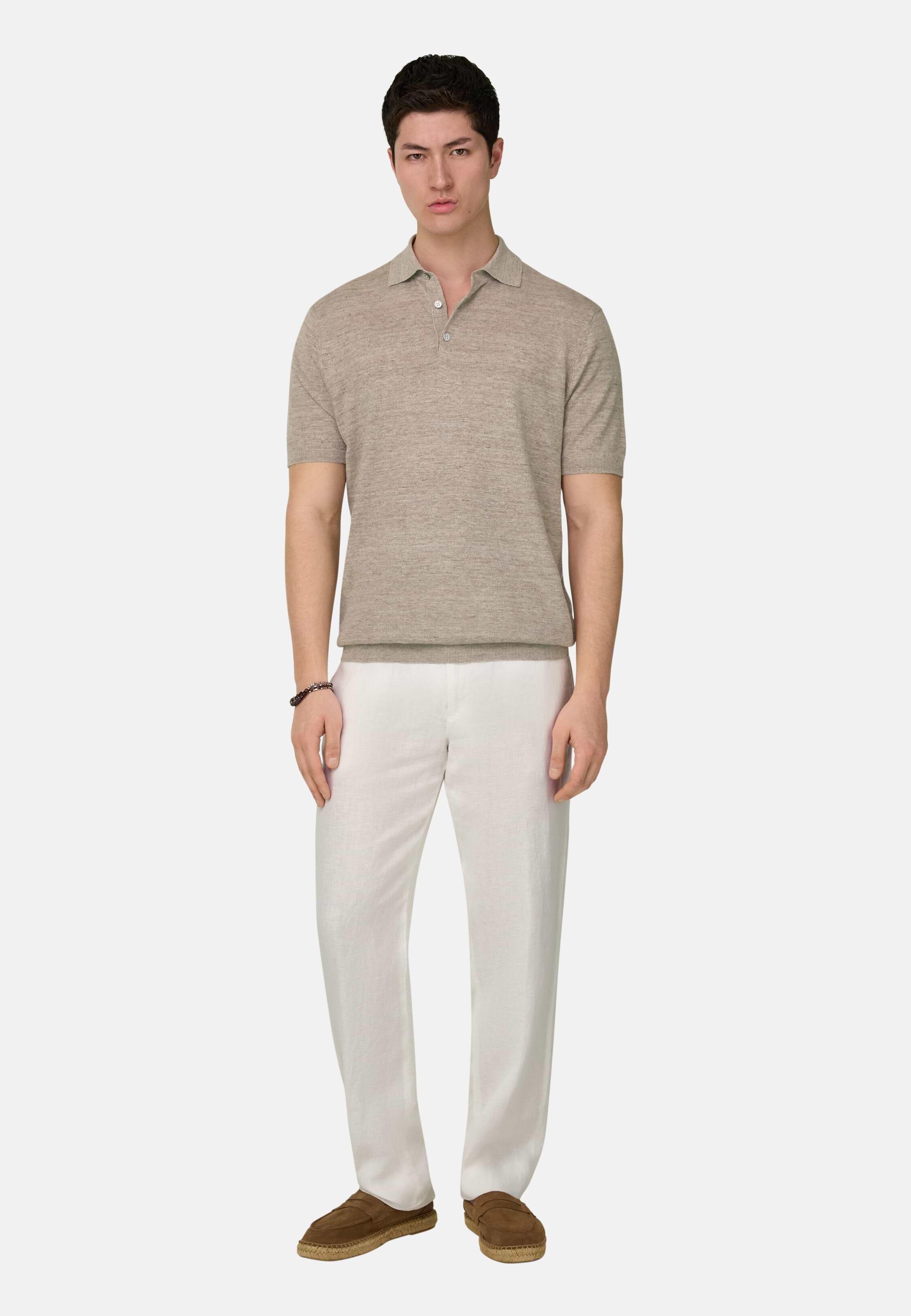 Linen and Cotton Knitted Polo Shirt Taupe, Taupe, medium