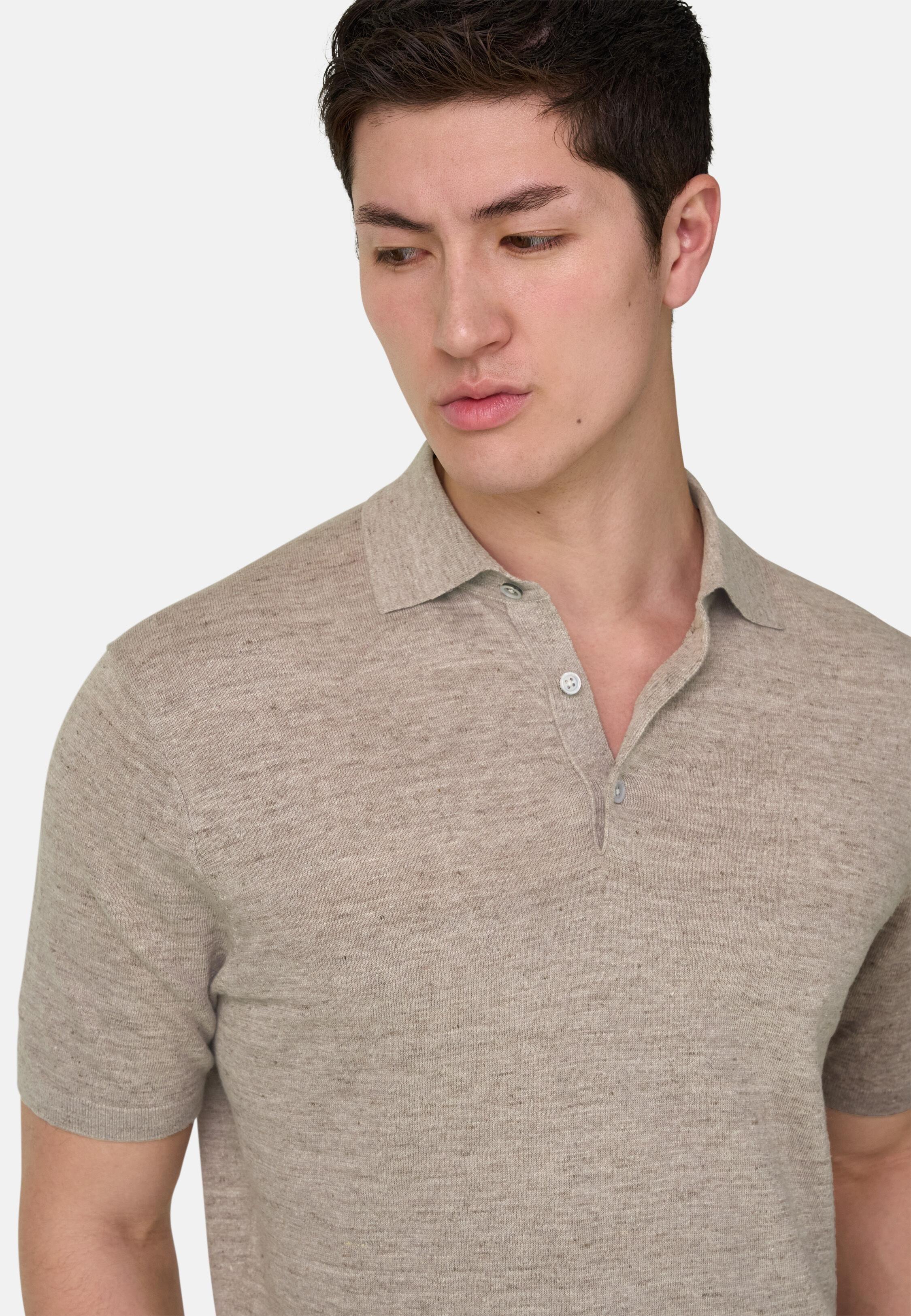 بولو محبوك من الكتان والقطن بني, Taupe, large image number 4
