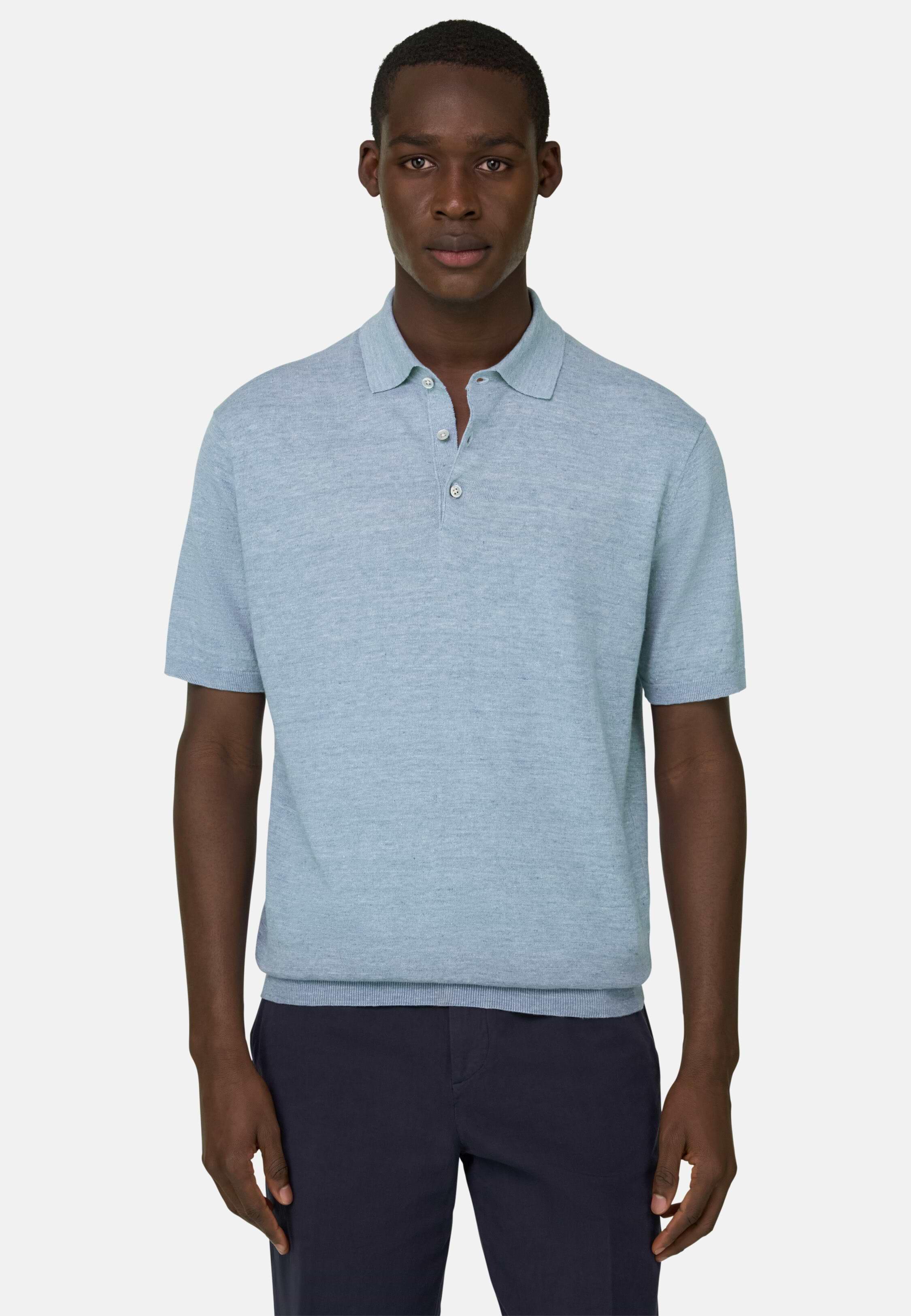 Linen and Cotton Knitted Polo Shirt Light Blue, Light Blue, large image number 0