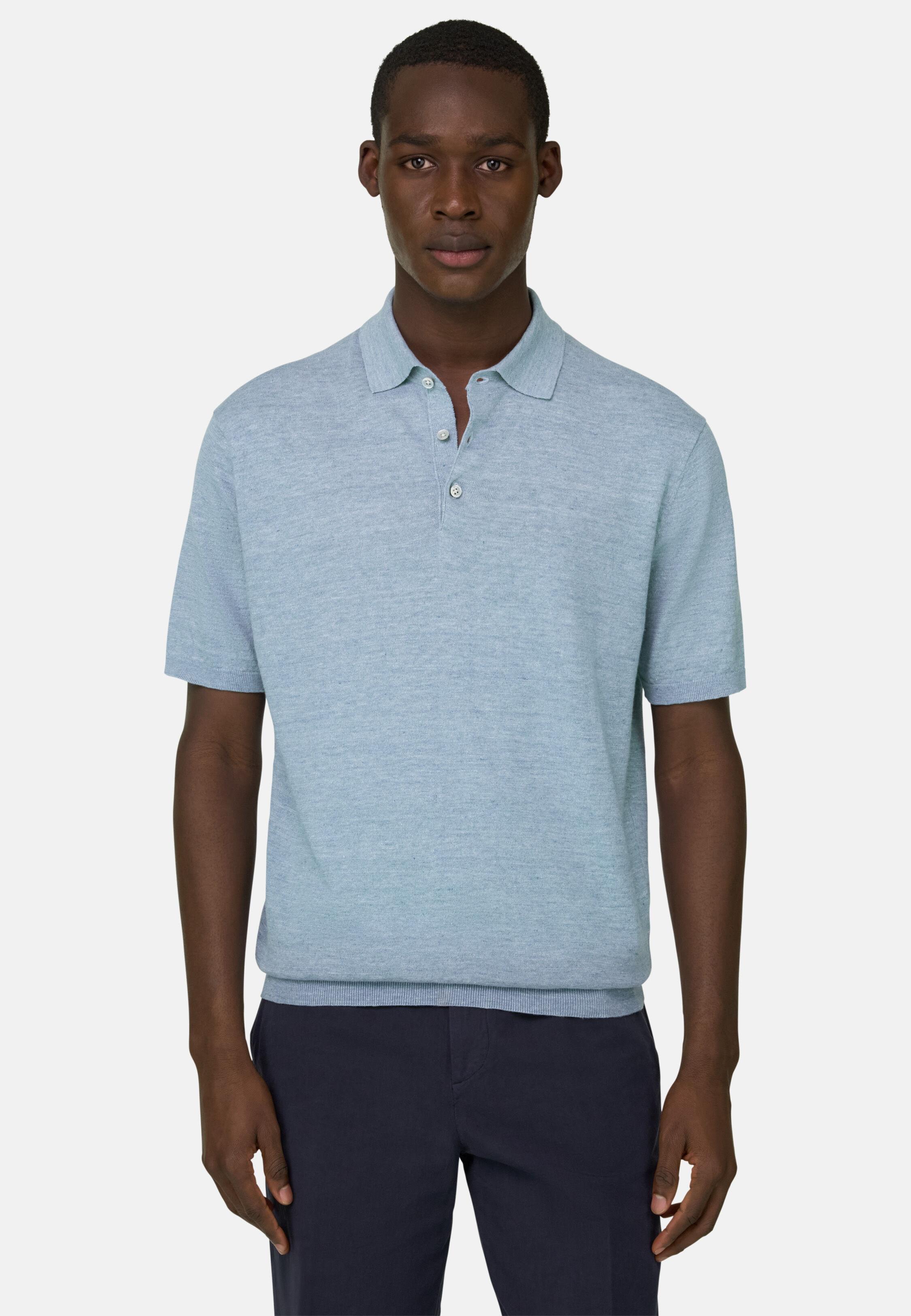 Linen and Cotton Knitted Polo Shirt Light Blue, Light Blue, large image number 1