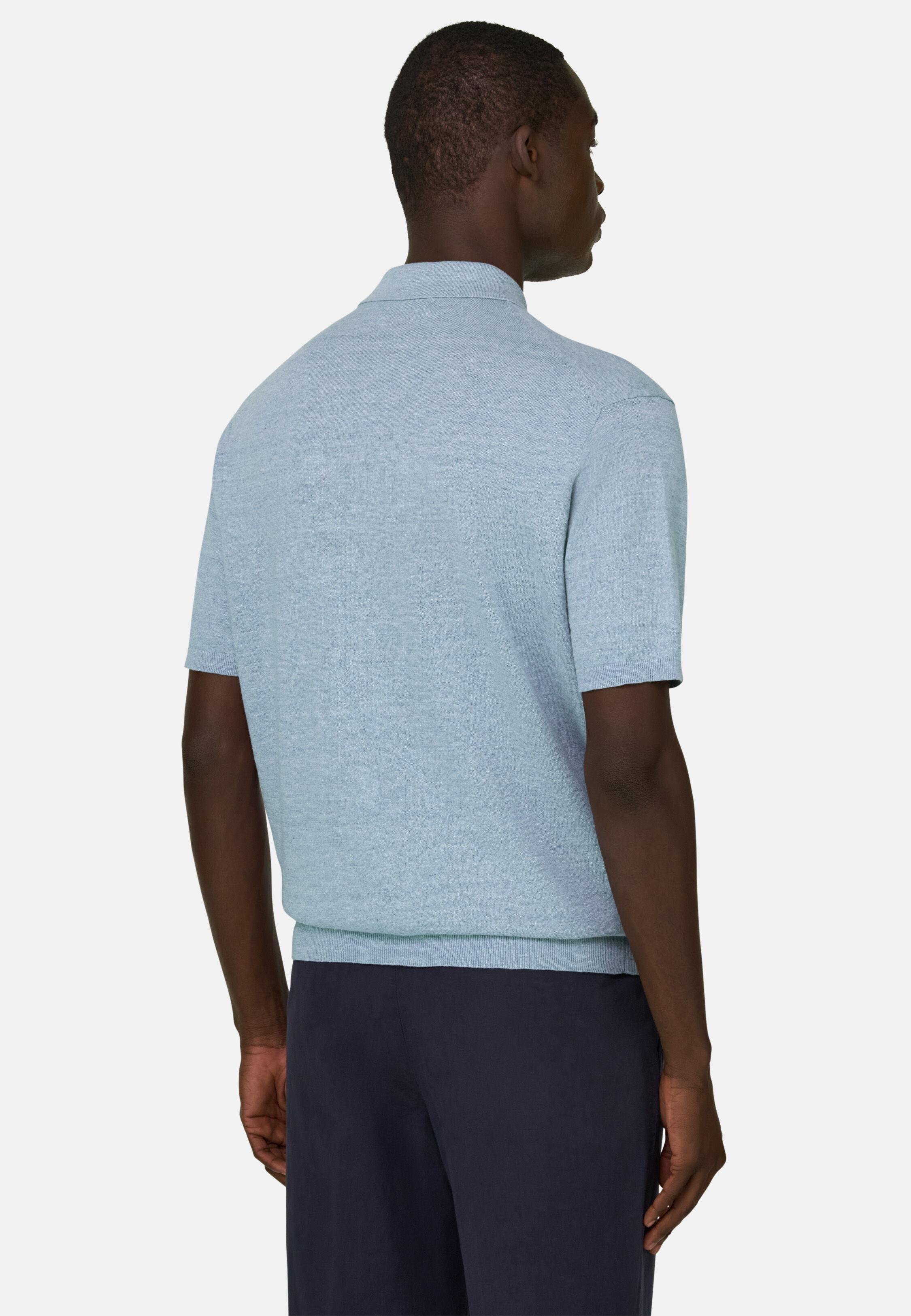 Linen and Cotton Knitted Polo Shirt Light Blue, Light Blue, large image number 3