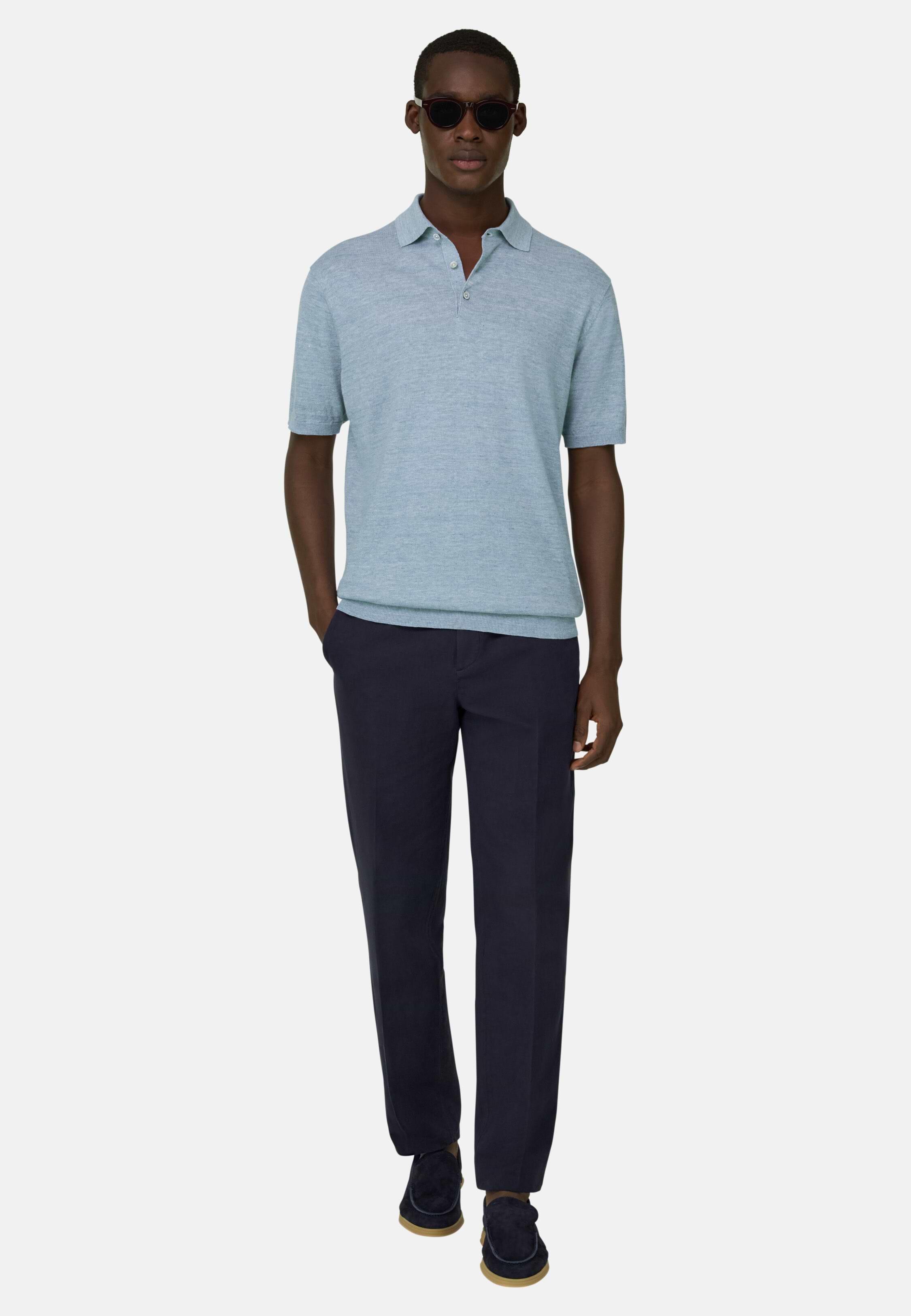 Linen and Cotton Knitted Polo Shirt Light Blue, Light Blue, large image number 4