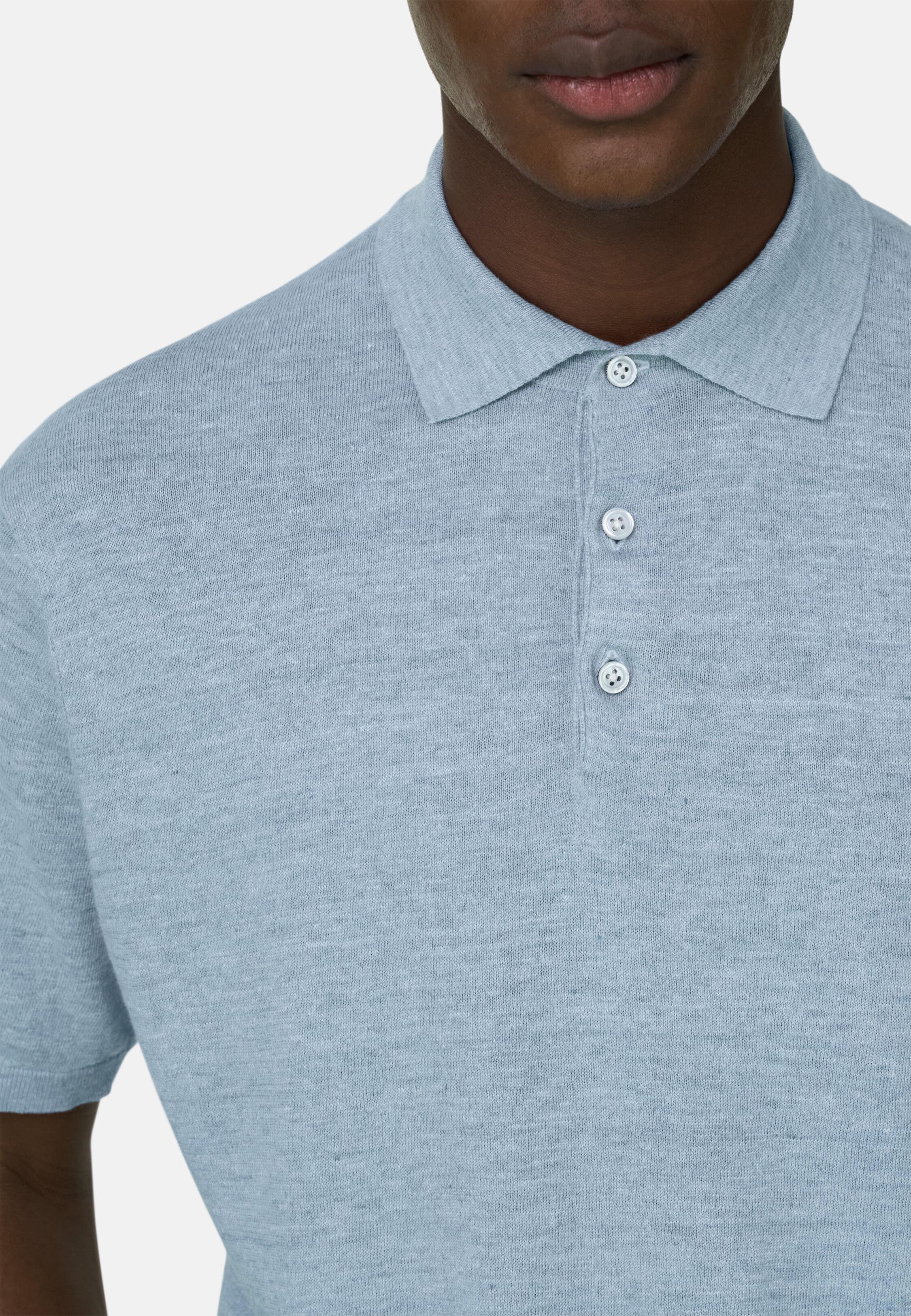 Linen and Cotton Knitted Polo Shirt Light Blue, Light Blue, large image number 5