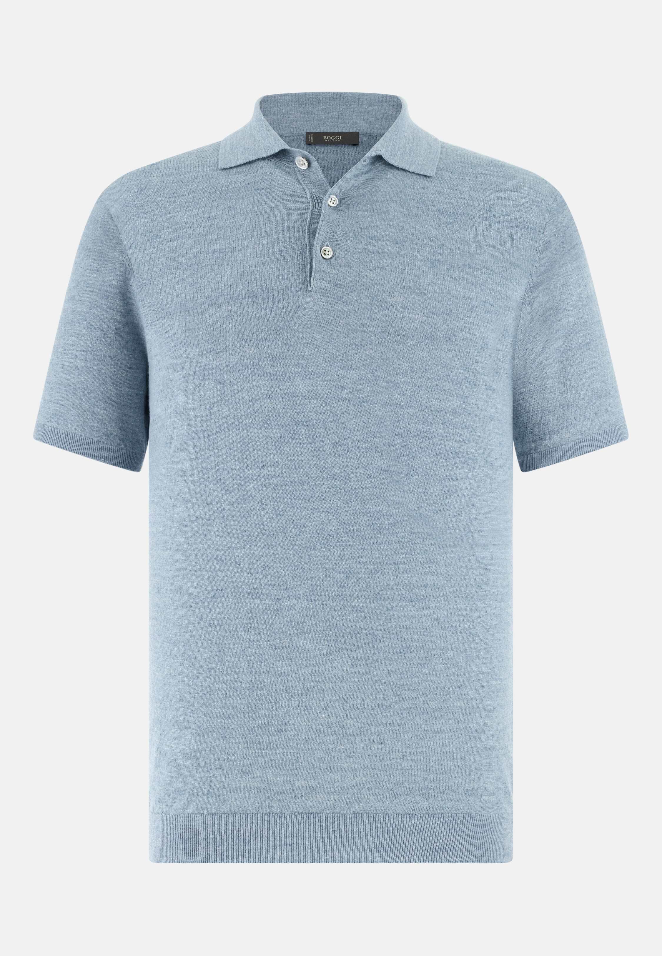 Linen and Cotton Knitted Polo Shirt Light Blue, Light Blue, large image number 6