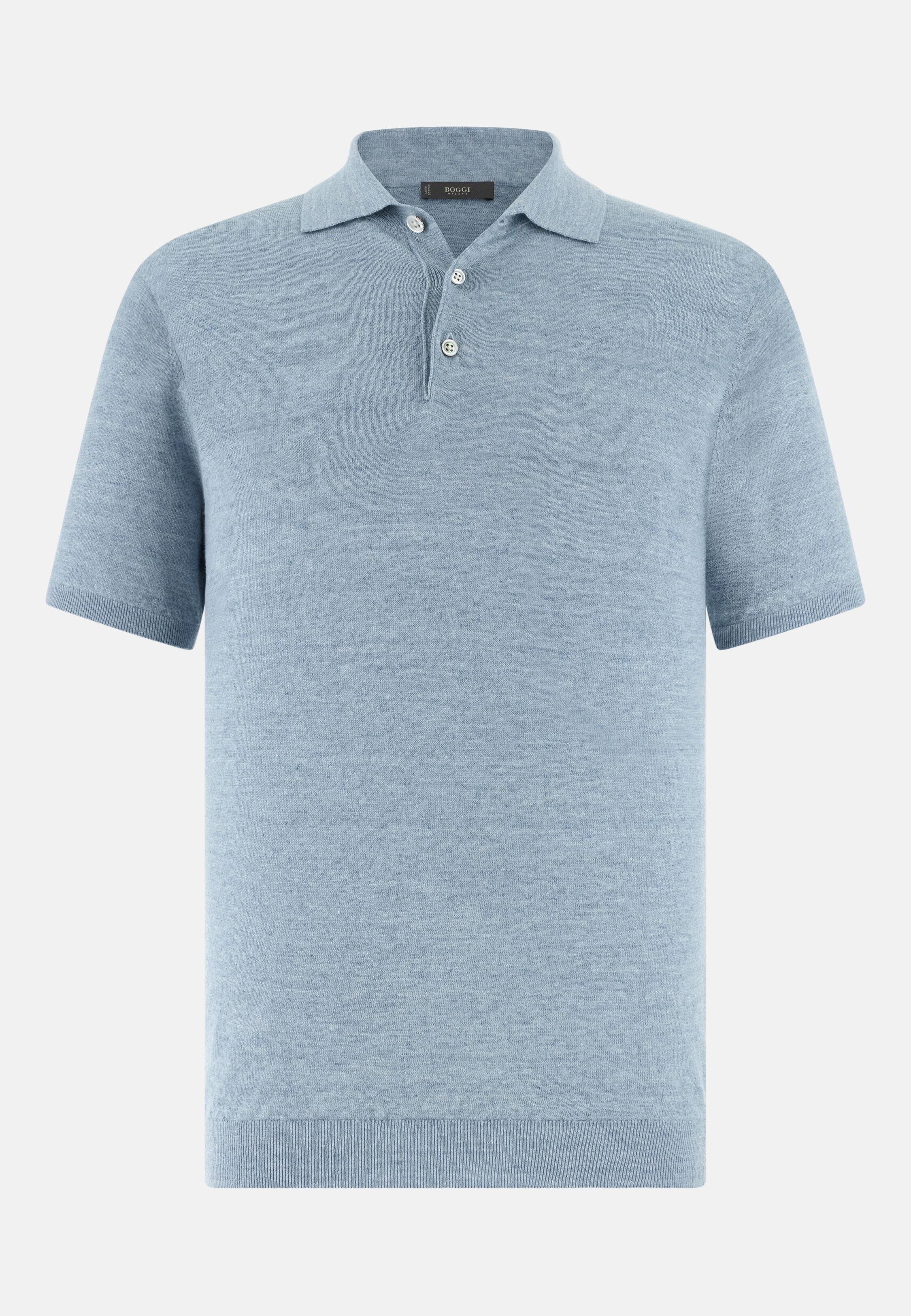 Linen and Cotton Knitted Polo Shirt Light Blue, Light Blue, large image number 7