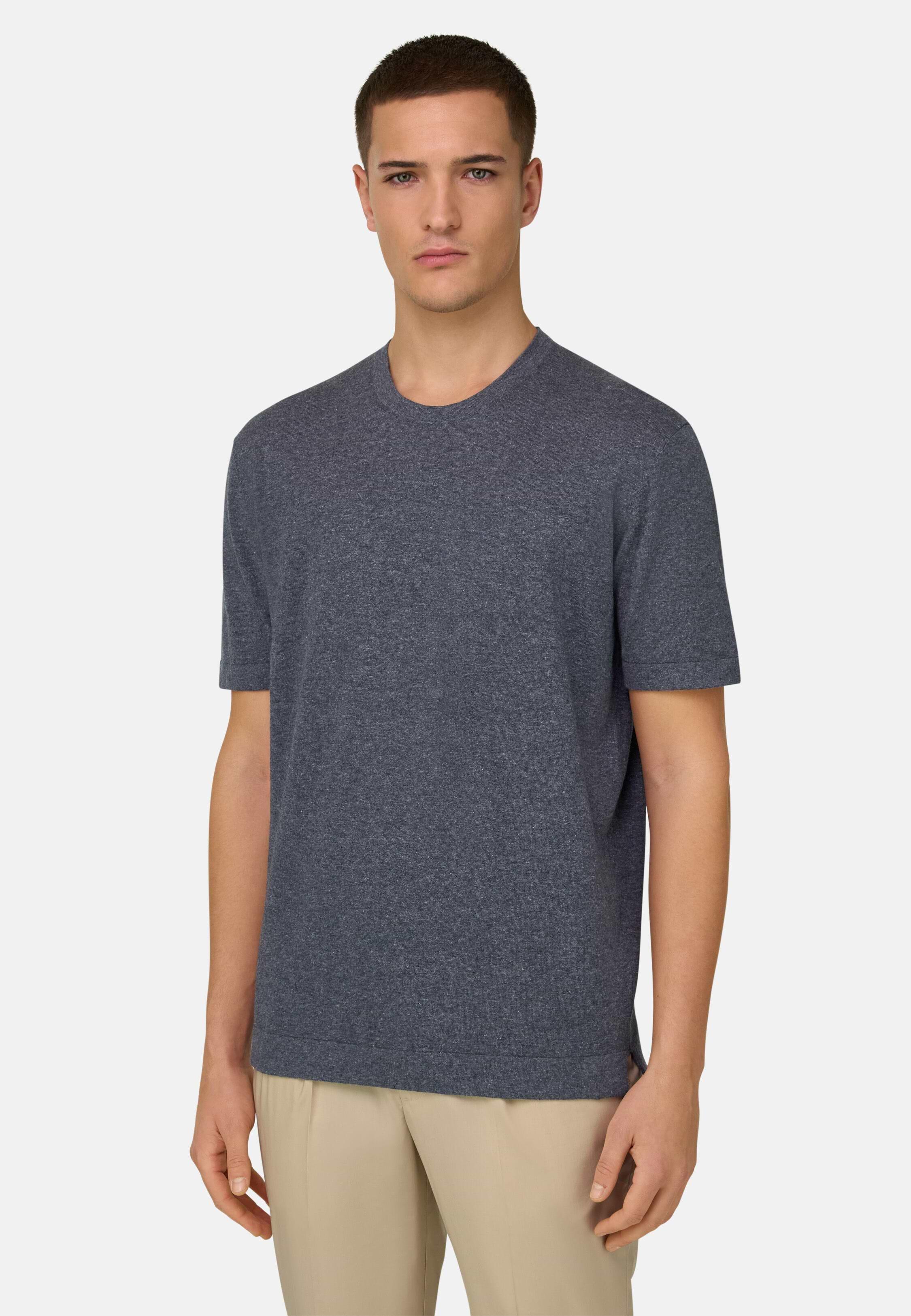 Knitted T-Shirt in Linen and Cotton Indigo, Indigo, medium