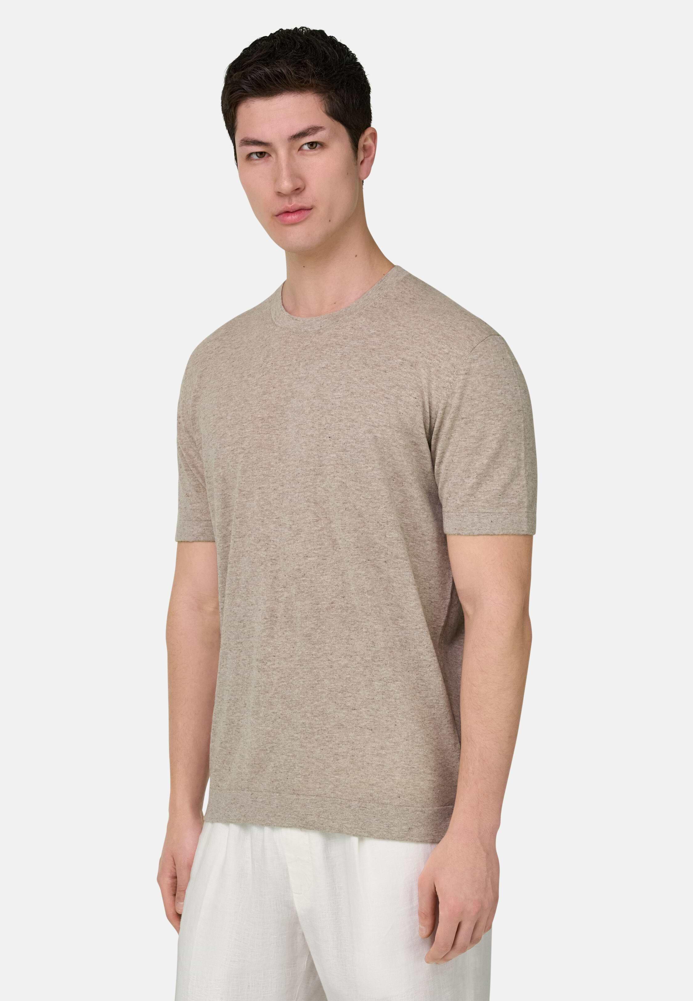 Knitted T-Shirt in Linen and Cotton Taupe, Taupe, medium