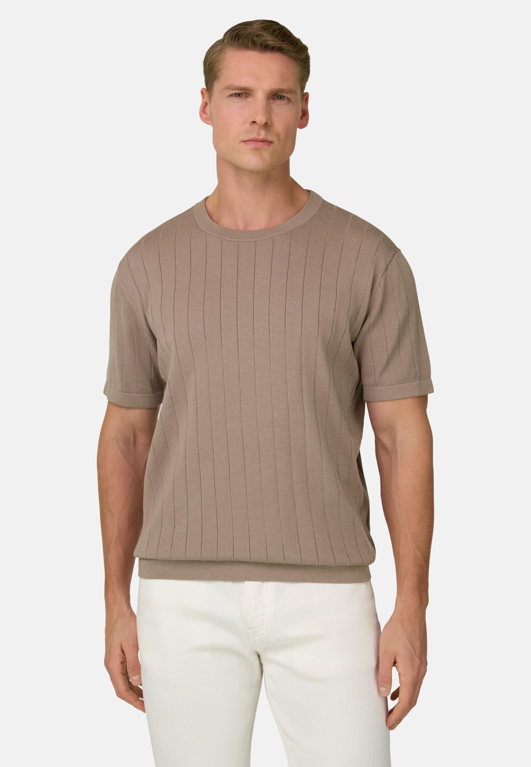 تيشيرت محبوك ضلع مسطح كاكي, Taupe, medium