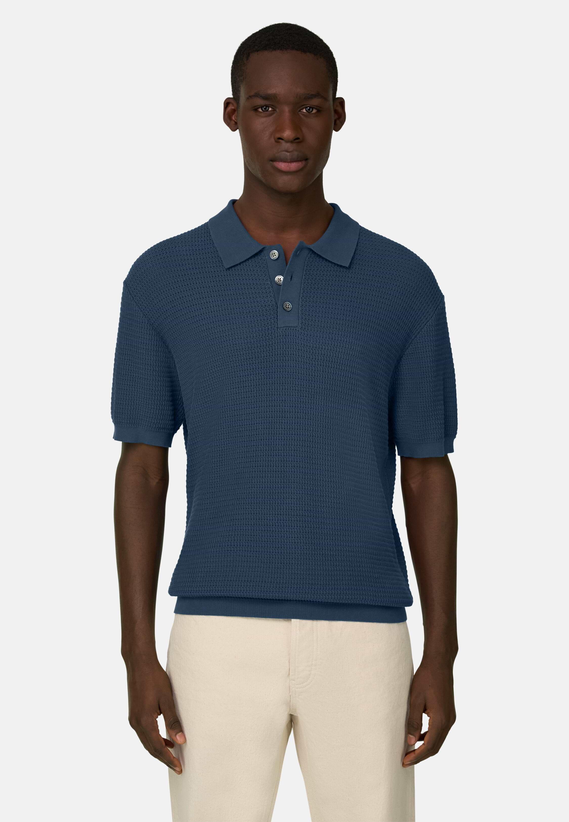 Knitted Polo Shirt in 100% Organic Cotton Blue, Blue, medium