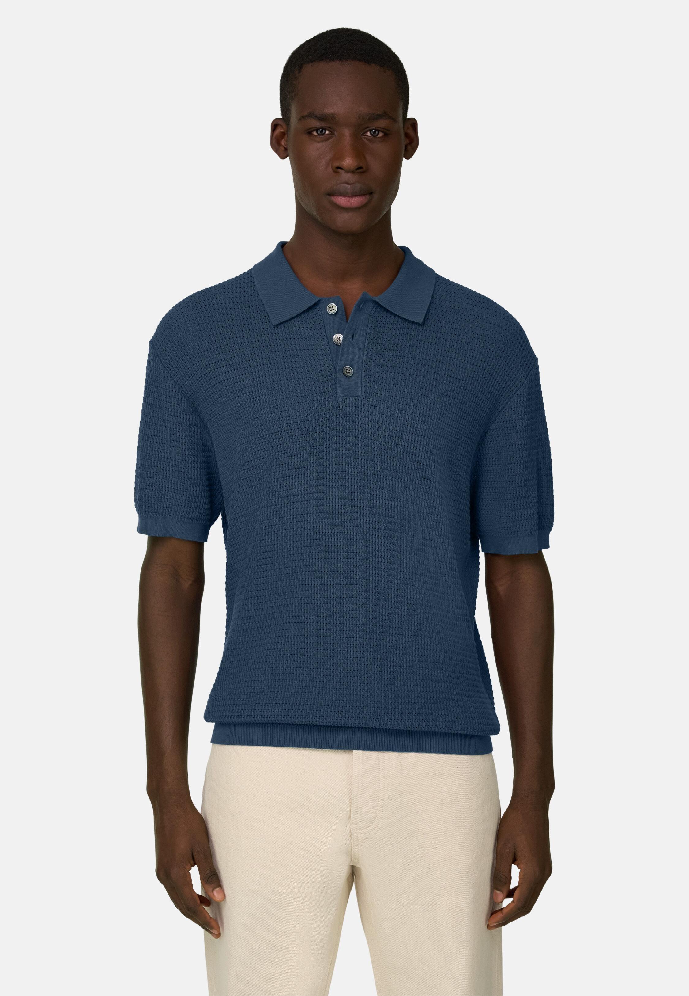 Knitted Polo Shirt in 100% Organic Cotton Blue, Blue, medium