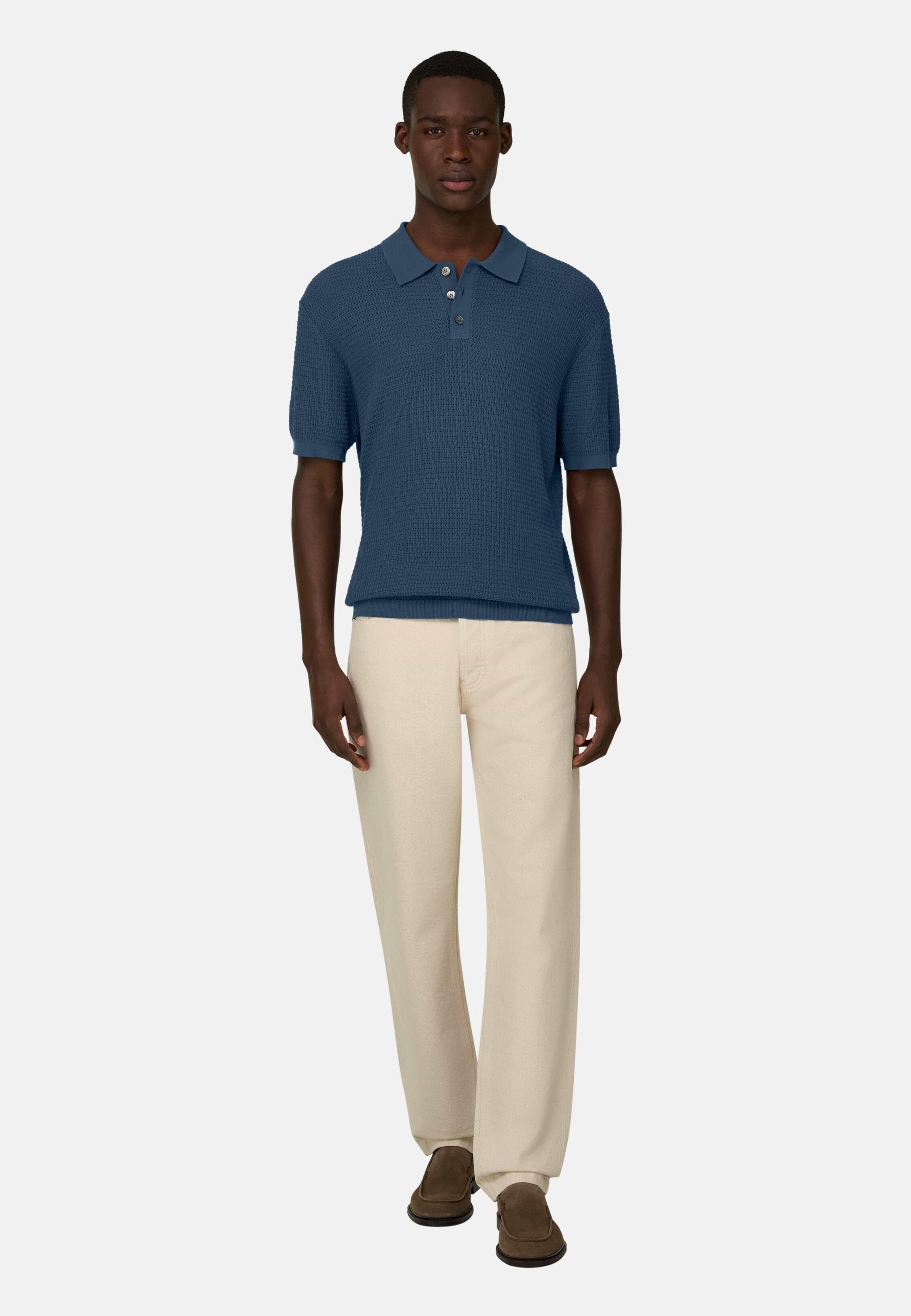 Knitted Polo Shirt in 100% Organic Cotton Blue, Blue, large image number 4