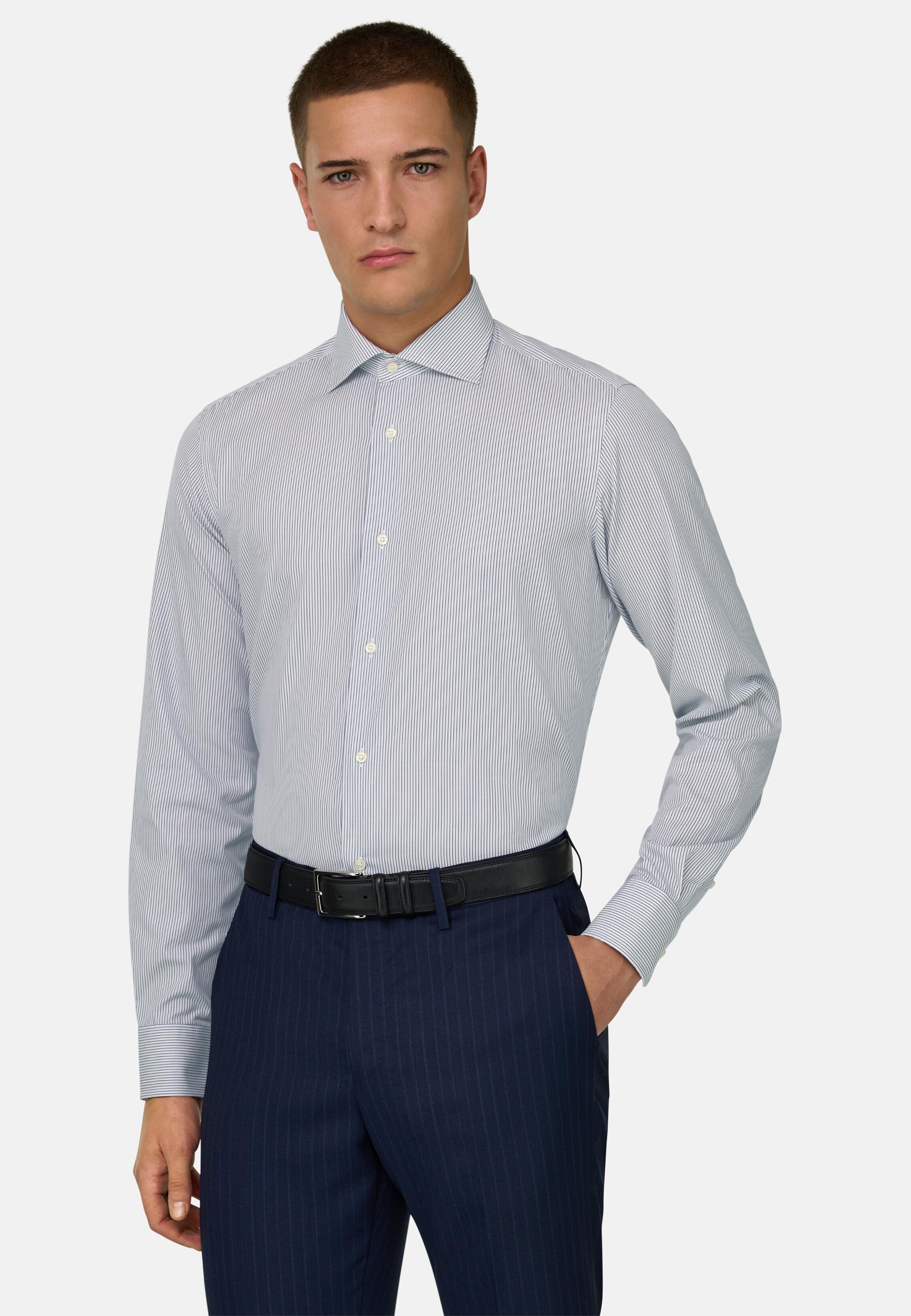 Blue Slim Fit Striped Cotton Shirt, 3901_DKBL, medium