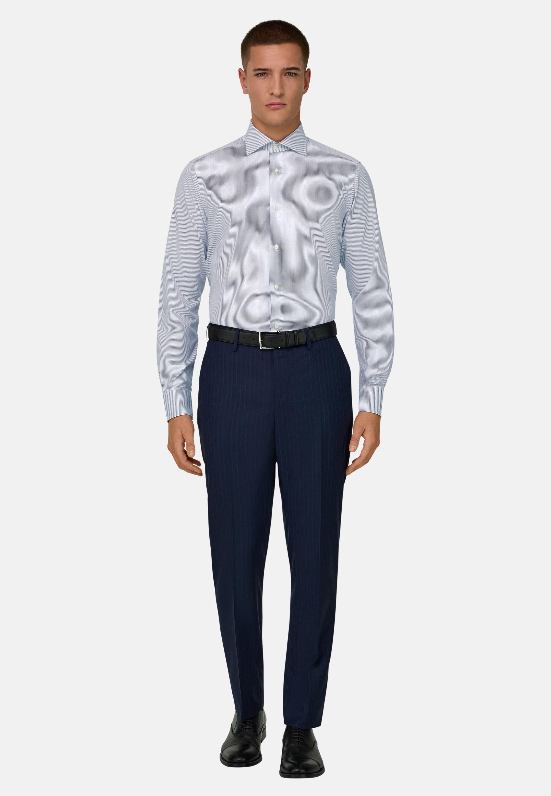 Shirt in Slim Fit Striped Cotton, Dark Blue, Dark Blue, large image number 1