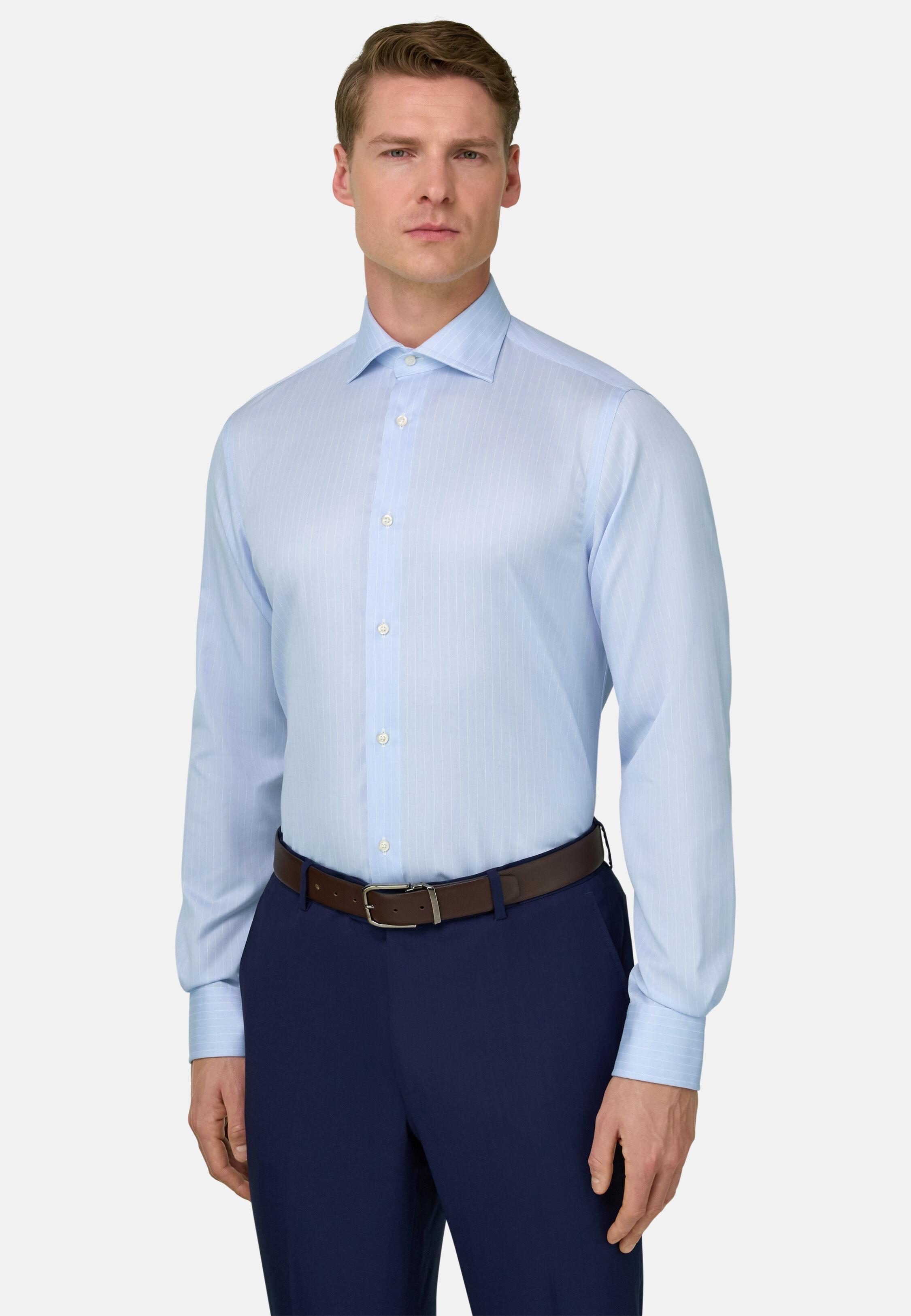Blue Slim Fit Striped Cotton Shirt, 3901_LTBL, medium