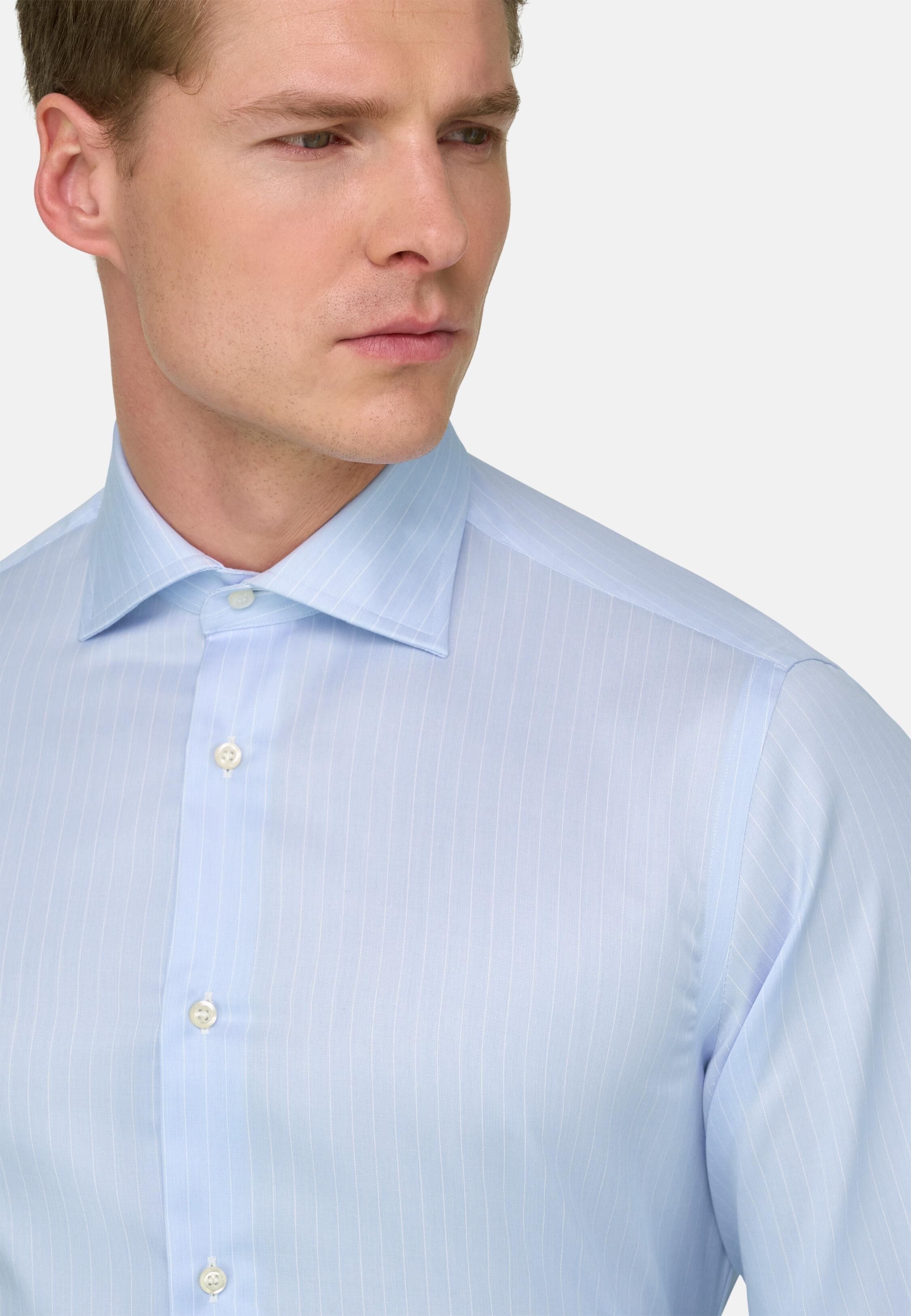 Blue Slim Fit Striped Cotton Shirt, Light Blue, medium