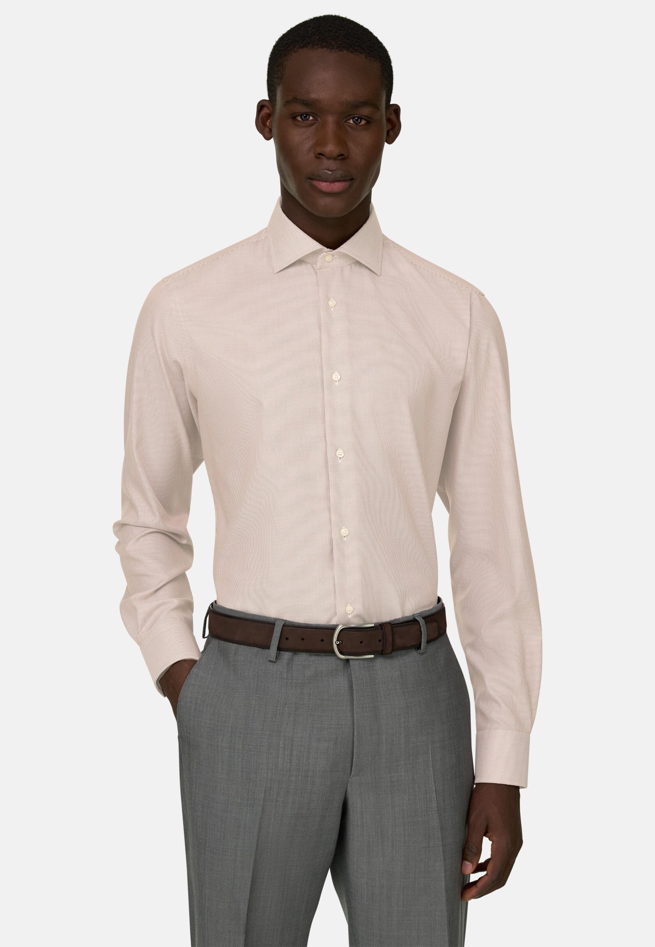 Slim Fit Striped Cotton Shirt Hazelnut, Hazelnut, large image number 0